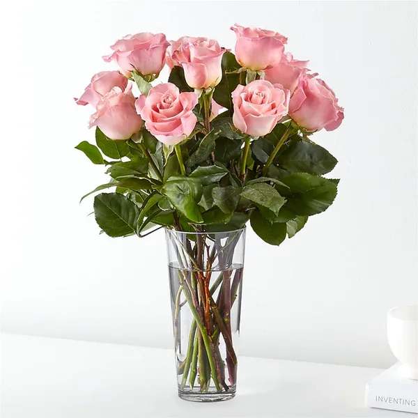 Long Stem Pink Rose Bouquet - Enjoy the classic beauty of the rose with a playful twist in our Long Stem Pink Rose Bouquet. This arrangement features all pink roses that will look especially pretty in the hands of those you cherish most.  Details The Premium Bouquet is approximately 24"H x 20"W. A bouquet of 24 roses and foliage. Designed by florists, ready to display. For long–lasting blooms, replace the water daily. We suggest trimming the stems every couple days.