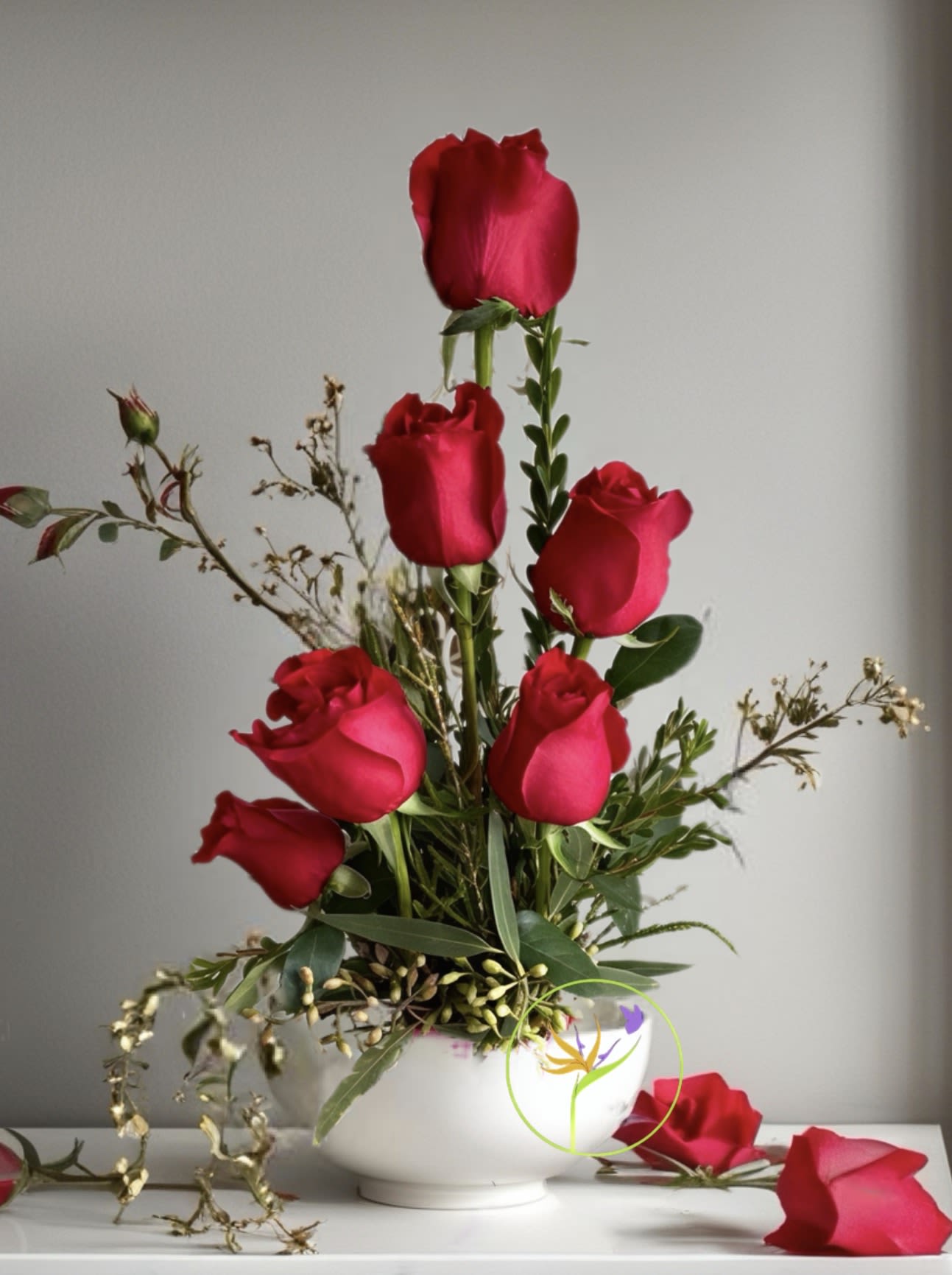 Ikebana Love!   A Floral Archist™ Original. - This simple design will let them know you care... what's more simple than that? Peaceful meditation with the flowers that signify LOVE. Three core "rules" or fundamental elements of Ikebana represent Heaven (Shin), Earth (Hikae/Tai), and Humanity (Soe).   Did you know Guys like flowers too? Yes, indeed!  Male appropriate design.  NOTE: Our flowers and greens are a gift from nature. It’s shade and depth might vary, design and aesthetic remains the same. In support of our efforts to aide in the preservation of our planet, PJf uses Fair Trade flowers, Plants, Upcycled and Recycled containers. Vase may vary.