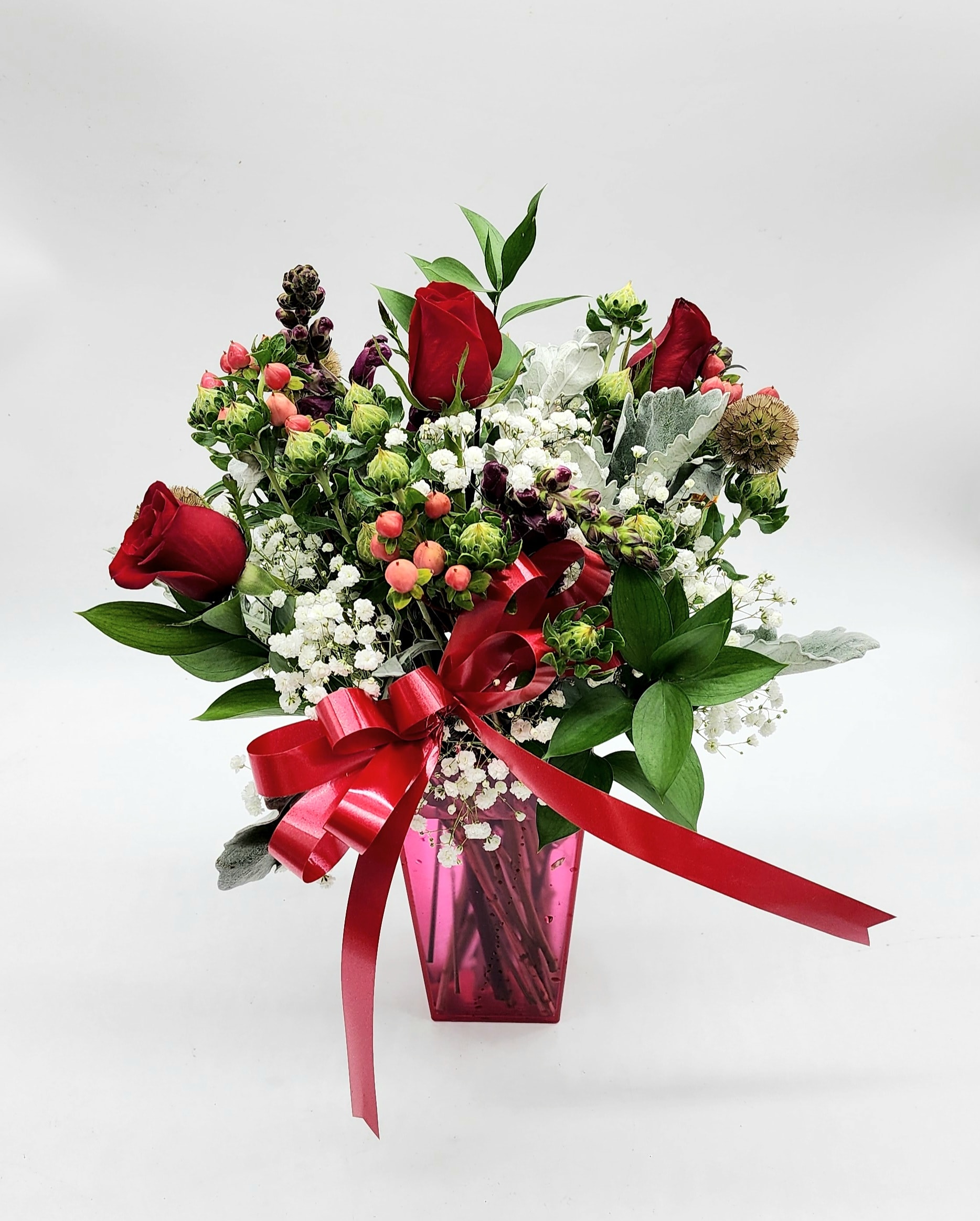 "Red Velvet" Arrangement (*Vase may differ from image) - A beautiful array of Roses &amp; Spring flowers, made for that special someone!