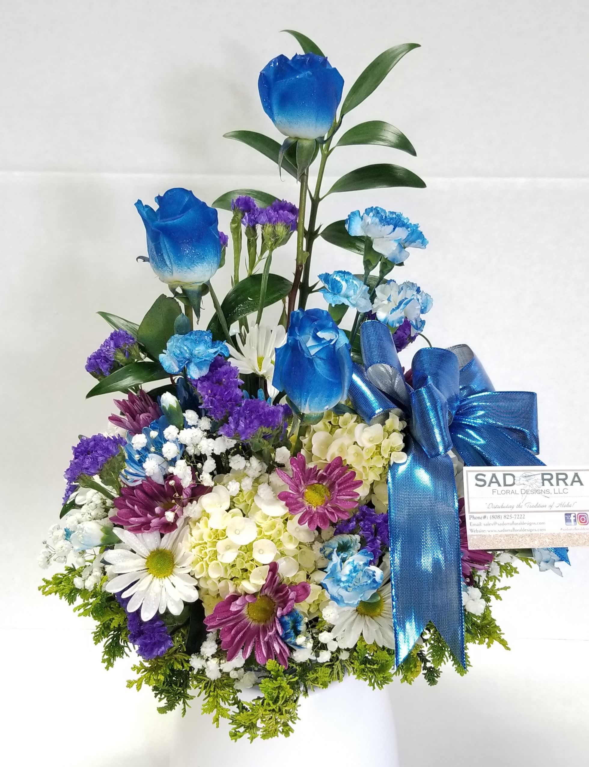 “Midnight Love” Rose Arrangement  - A beautiful array of Designer Choice Blue Rose Arrangement with mixed Spring Flowers.