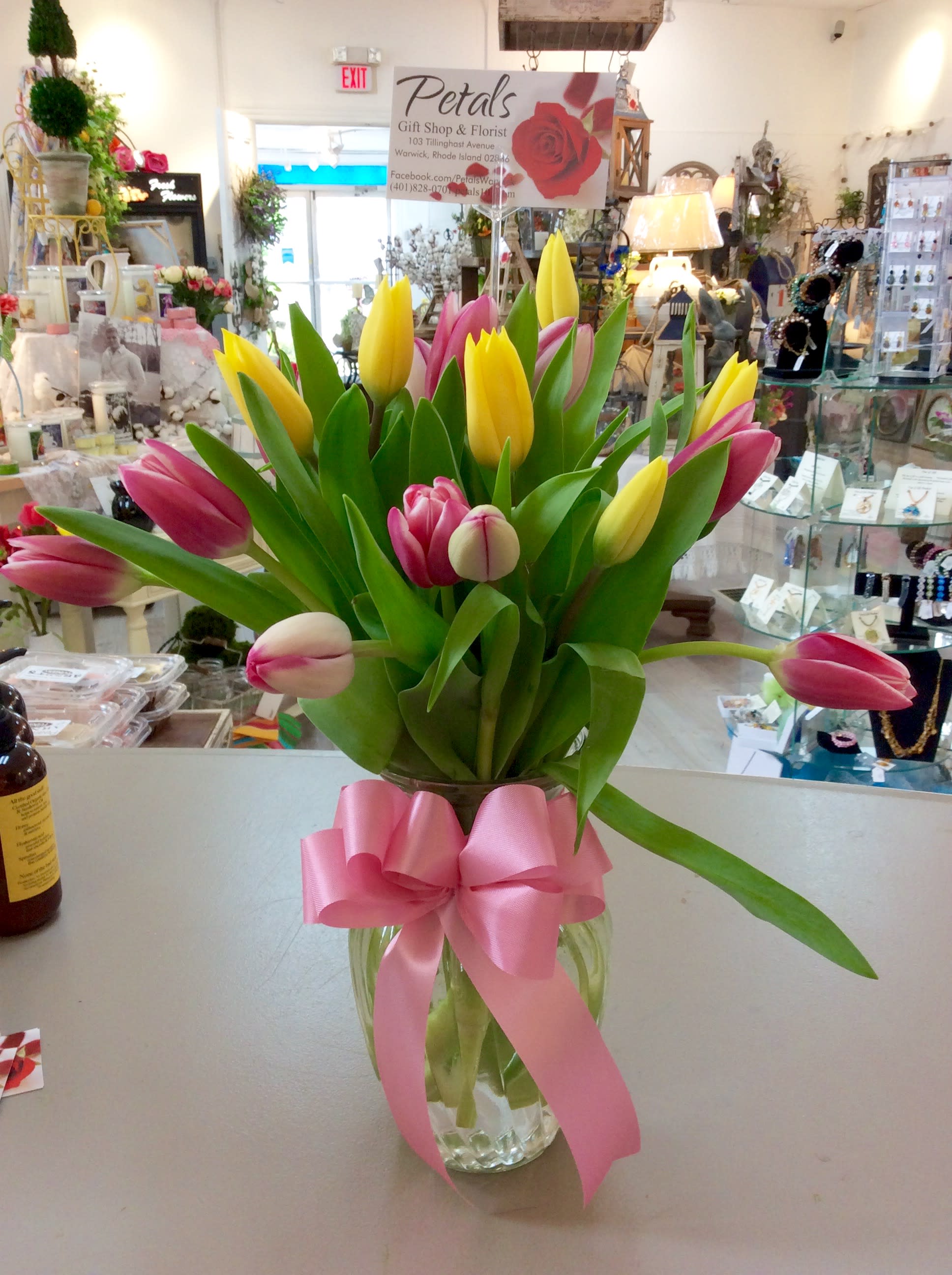 Perfectly Precious Tulips #1 Flower in the World -  Tulips are among the most popular flowers worldwide. There are thousands of varieties of tulips.  Over 3,500 named varieties of tulips exist today. Tulips symbolize love, happiness, and new beginnings. A vase of fresh Tulips will bring a breath of air for any occasion. This design includes 20 beautiful Tulips. Assorted colors may include pink, yellow, lavender, purple, white, or orange, depending on daily availability. Tulips symbolize positive thoughts, perfect happiness, and wishing someone well.  *If it's past noon and you need same-day delivery, please call Petals at 401-828-0701 for delivery availability. Thanks,  Cheryl