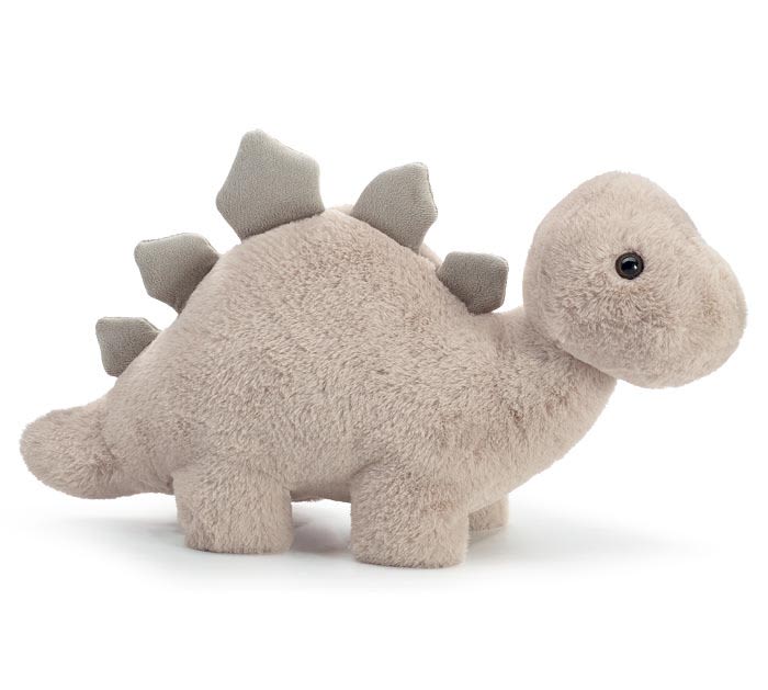 PLUSH STEGOSAURUS WITH GRAY SPIKES - This plush gray stegosaurus dinosaur has dark gray spikes. It is very soft and loveable, and the ribbon loop makes it easy to tie.  10"H X 5.5"W X 18"D