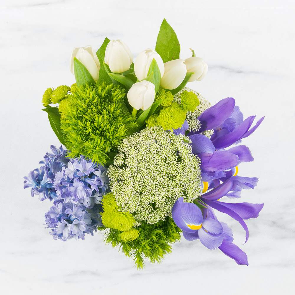 Lush Meadows by BloomNation™ - This arrangement includes green dianthus, blue iris, white tulips, hyacinths, and other seasonal blooms. This is a great spring gift for a birthday, get well, or thank you. APPROXIMATE DIMENSIONS: 10" D x 10" H