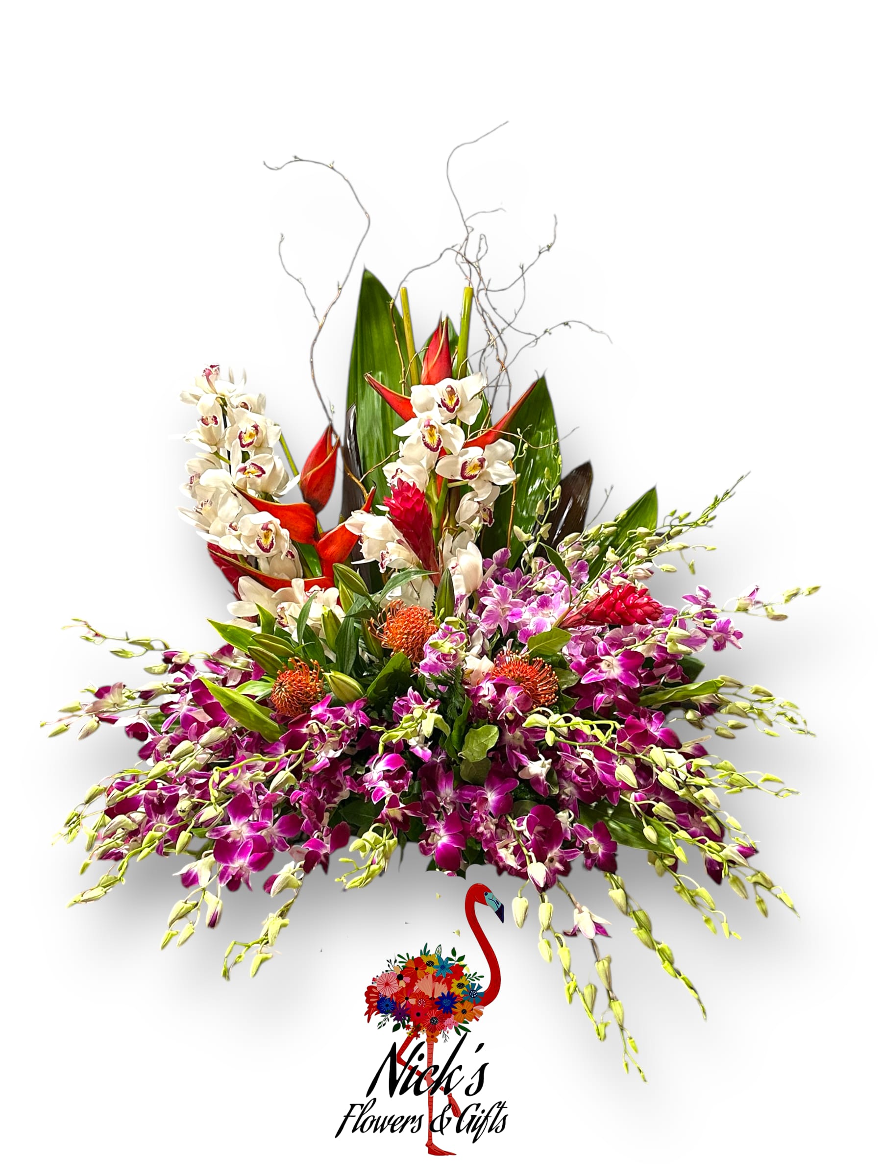 TROPICAL TEMPTATION BY NICK - The "Tropical Temptation" arrangement from Nick's Flowers and Gifts is an exotic and luxurious display that transports you to a vibrant paradise. This stunning composition features an exquisite selection of assorted proteas, known for their striking and unique appearance, which serve as the focal point of the arrangement.  Accompanying the proteas are delicate dendrobium orchids and cymbidium orchids, both celebrated for their elegant blooms and rich colors, adding a touch of sophistication and allure. The arrangement is further enriched with a variety of tropical flowers and foliage, creating a lush and dynamic visual experience.  Oriental lilies bring their signature fragrance and graceful beauty, enhancing the overall sensory appeal of the bouquet. Fresh greens are artfully interwoven throughout, providing a refreshing contrast and highlighting the vivid colors of the tropical blooms.  Presented in a stylish container, the "Tropical Temptation" arrangement is a captivating expression of nature's beauty, perfect for bringing a touch of the tropics into any space or occasion.