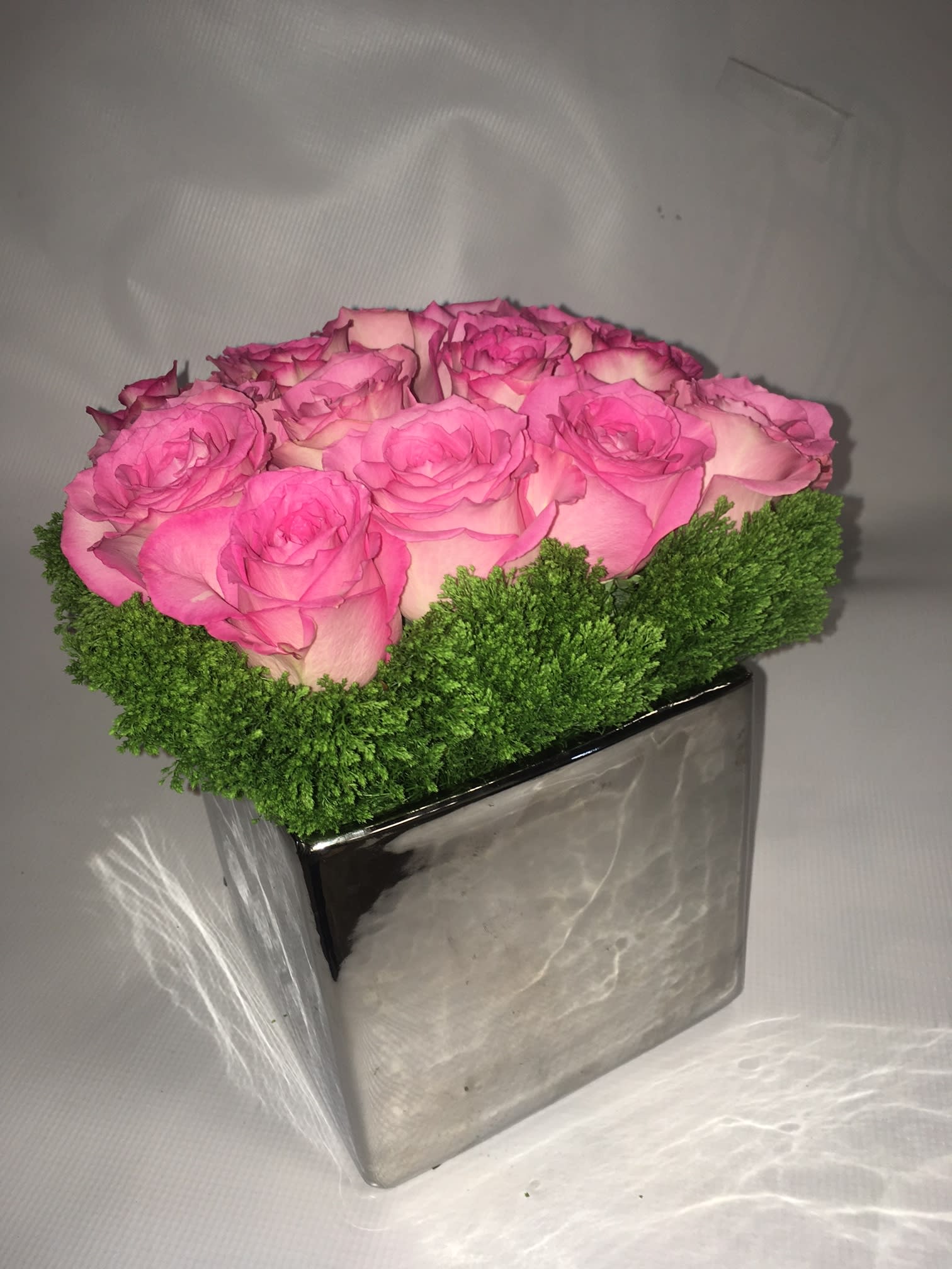 Strawberry Cake Block  - 16 plus Pink Roses - Beautifully arranged in a 5 X 5  Mirrored Cube with Mini Hydrangea accents around the sides - perfect for that someone special - or the special dining table arrangement.
