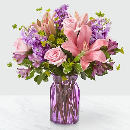 Just Lovely - Vase of mixed flowers in pretty pink and lavender hues. 