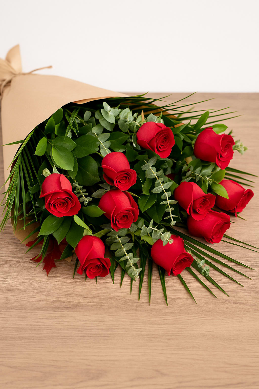 Dozen Wrapped Roses - Dozen Wrapped Roses Timeless and romantic, Dozen Wrapped Roses features twelve premium red roses elegantly wrapped in natural kraft paper with lush greenery and tropical accents. Perfect for anniversaries, proposals, or simply saying “I love you,” this hand-tied bouquet captures classic beauty with a modern Polk Street Florist touch.