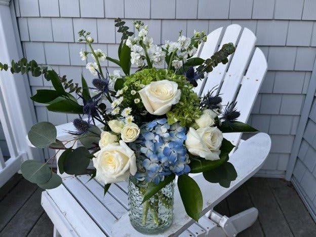 Summer Breezes - White Hydrangea, White Roses, Blue Thistle, White Stock , Premium Filler Flowers, Eucalyptus, and Hard Ruscus 