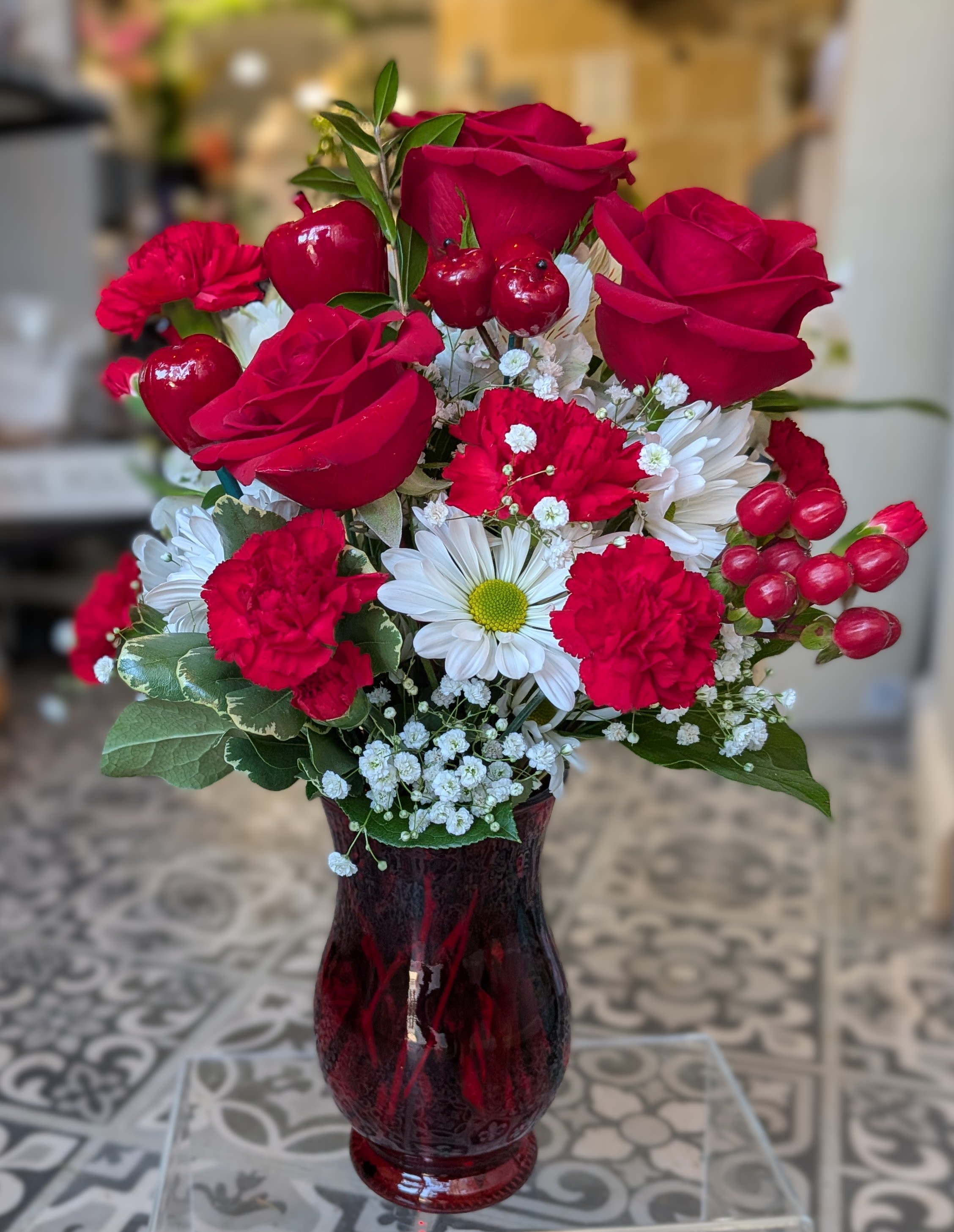 Apple of My Eye (Designer Choice) - Whoever is lucky enough to receive this gift will know you've picked it just for them and looks good enough to eat! This is a designer choice arrangement. Flowers may vary and colors may be exchanged but will be done similar in this palette. 16 H x 12 W All Around