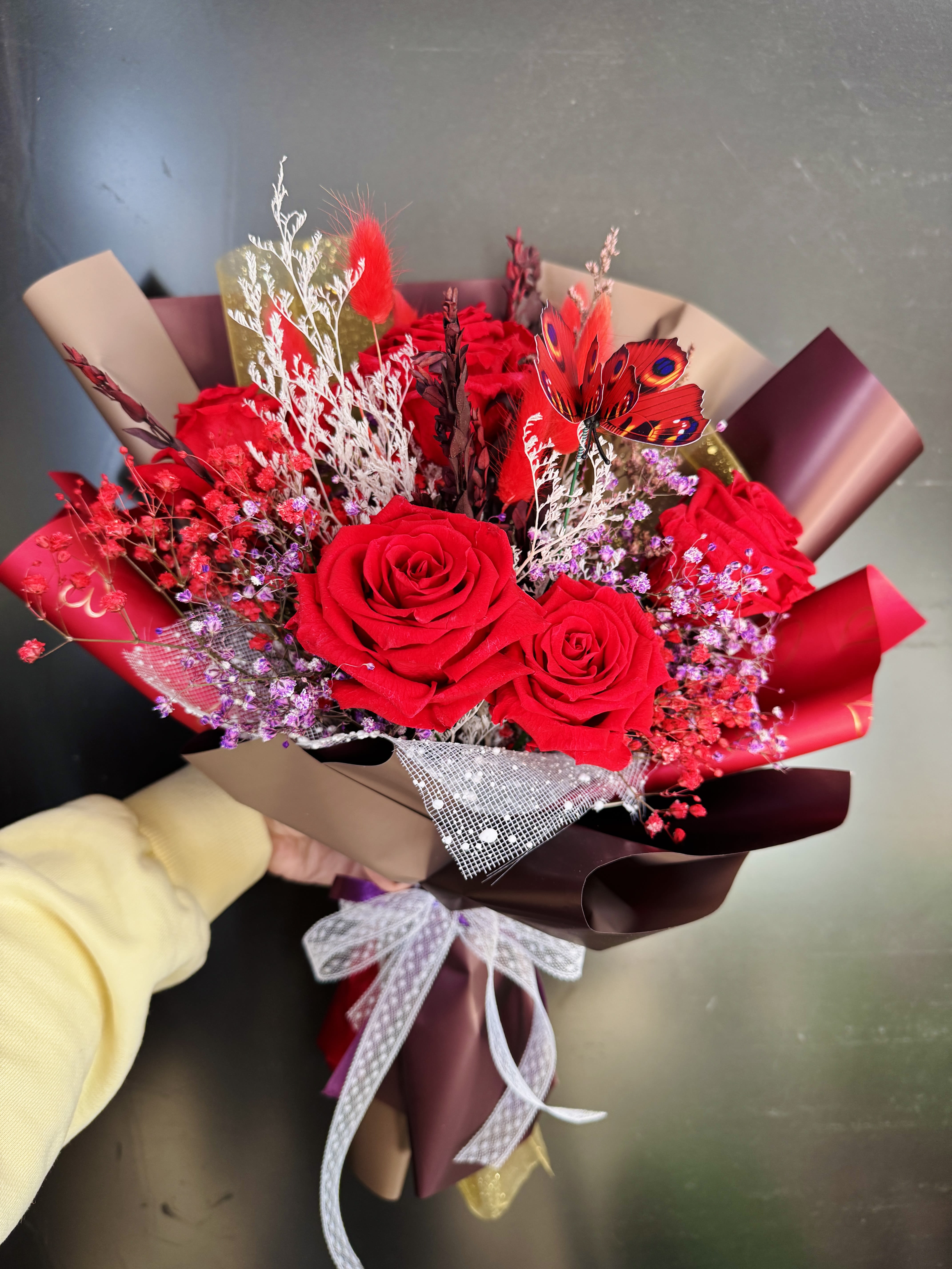 red preserved rose bouquet - 6 red preserved roses mixed with red and purple preserved baby's breath and fillers