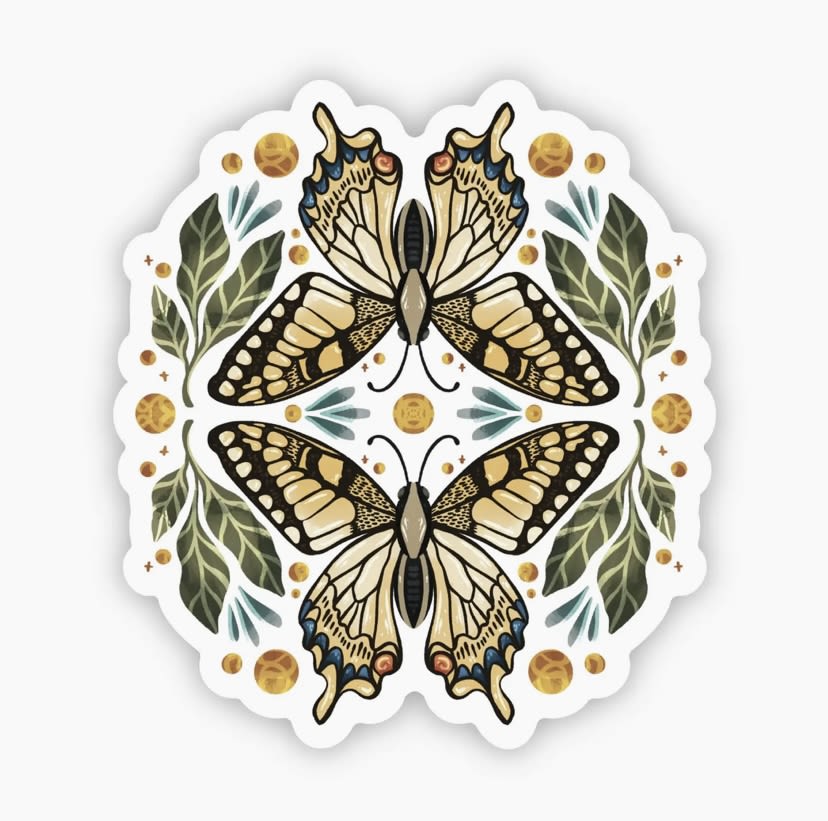 Butterfly and Botanicals Sticker - Elegant floral butterfly twin mirror sticker. High quality vinyl sticker. Great to decorate laptops, water bottles, phone cases, car windows, coolers, journals, and more.  Details: * 2.7" x 3.0" * Printed and shipped with care from the USA * High quality and durable vinyl, indoor and outdoor use. * Waterproof and weather resistant