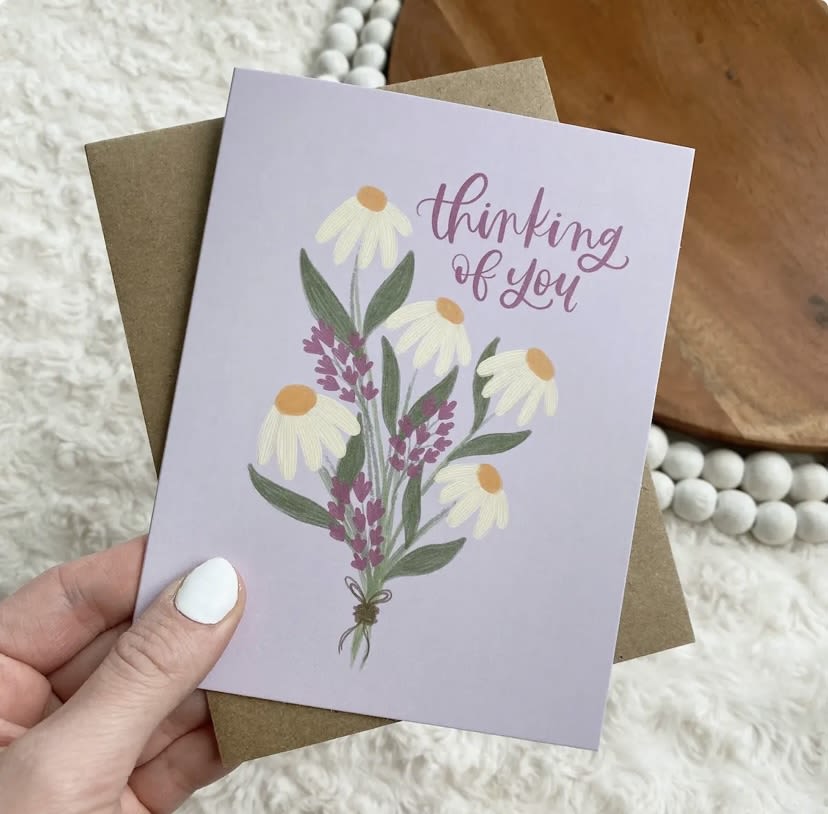 Thinking of You Card - "Thinking of You" Greeting Card! Perfect your favorite person.  - Size (4.25 x 5.5 inches folded).  -Printed on premium 16pt thick cardstock with a matte finish.  -Paired with a coordinated kraft or holiday color envelope.  -BLANK INSIDE  -Hand Drawn