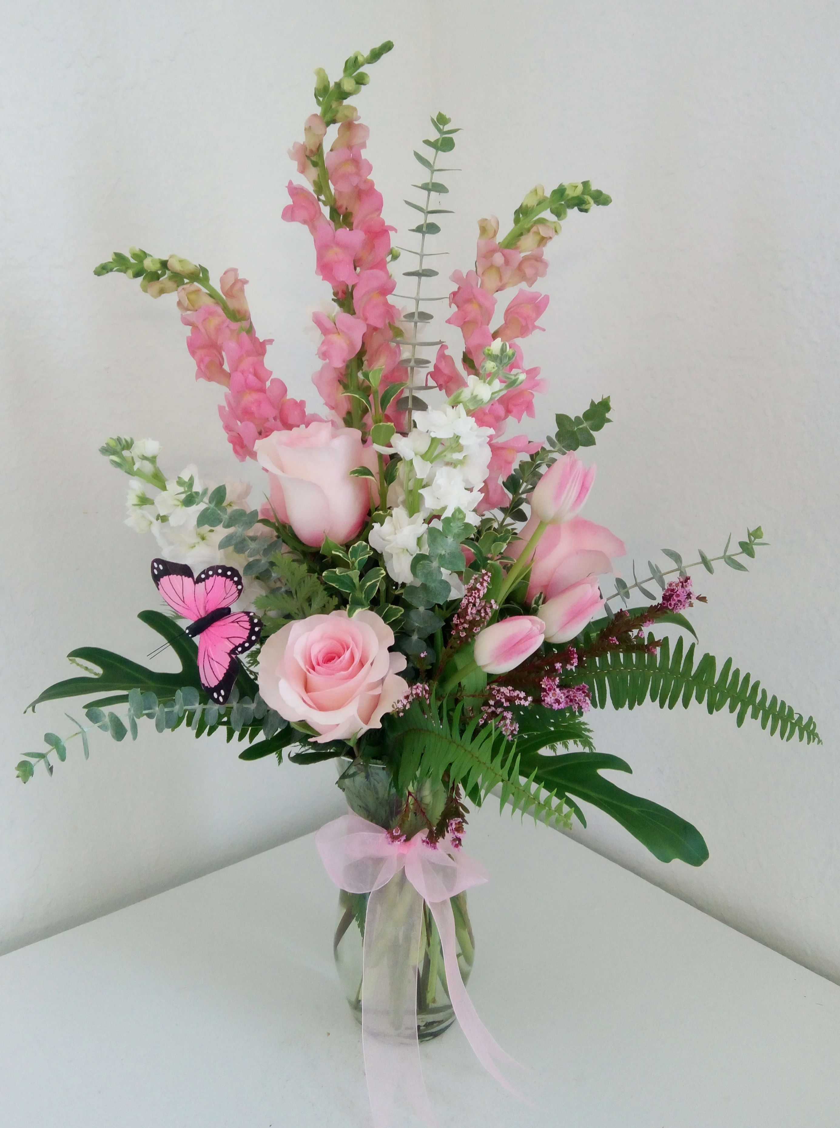 Hopelessly Devoted - Pinks and whites arranged in a tall clear vase