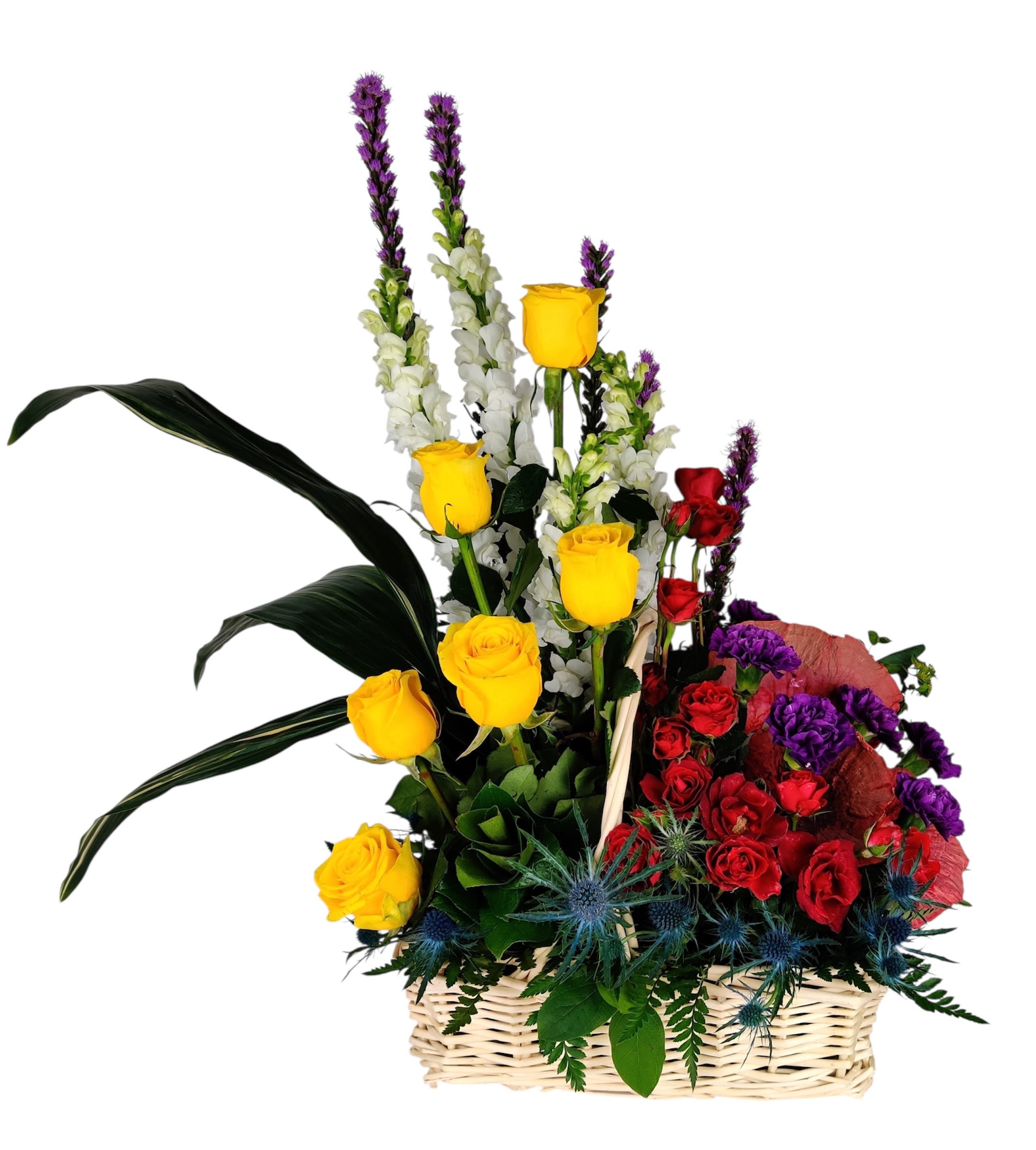 Rose Heaven - Yellow and red roses with purple and blue accents. Make any room brighter with the addition of this beautiful basket