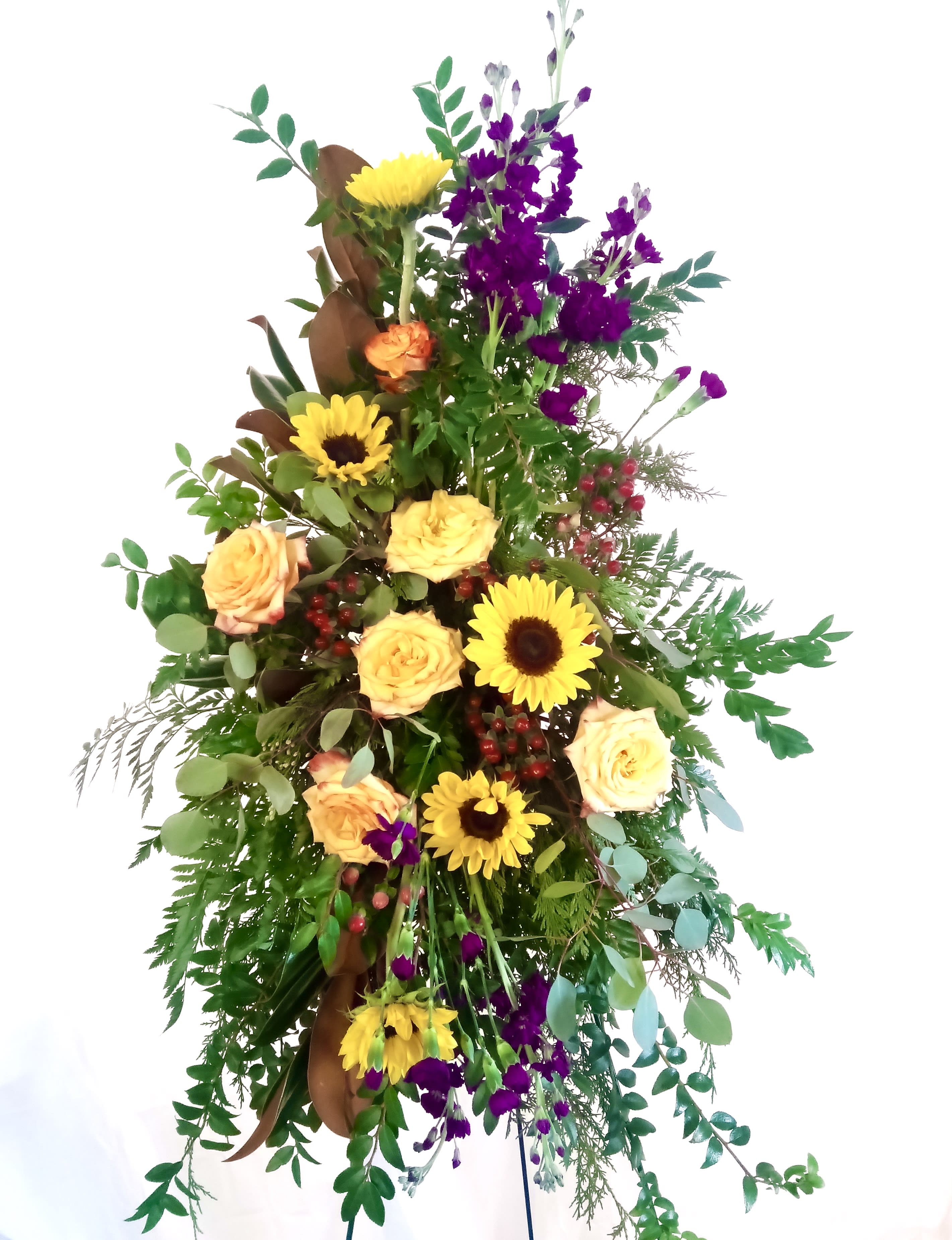 My Ray Of Sunshine - Sunflowers with roses. Yellow and red with a touch of purple on an easel. 