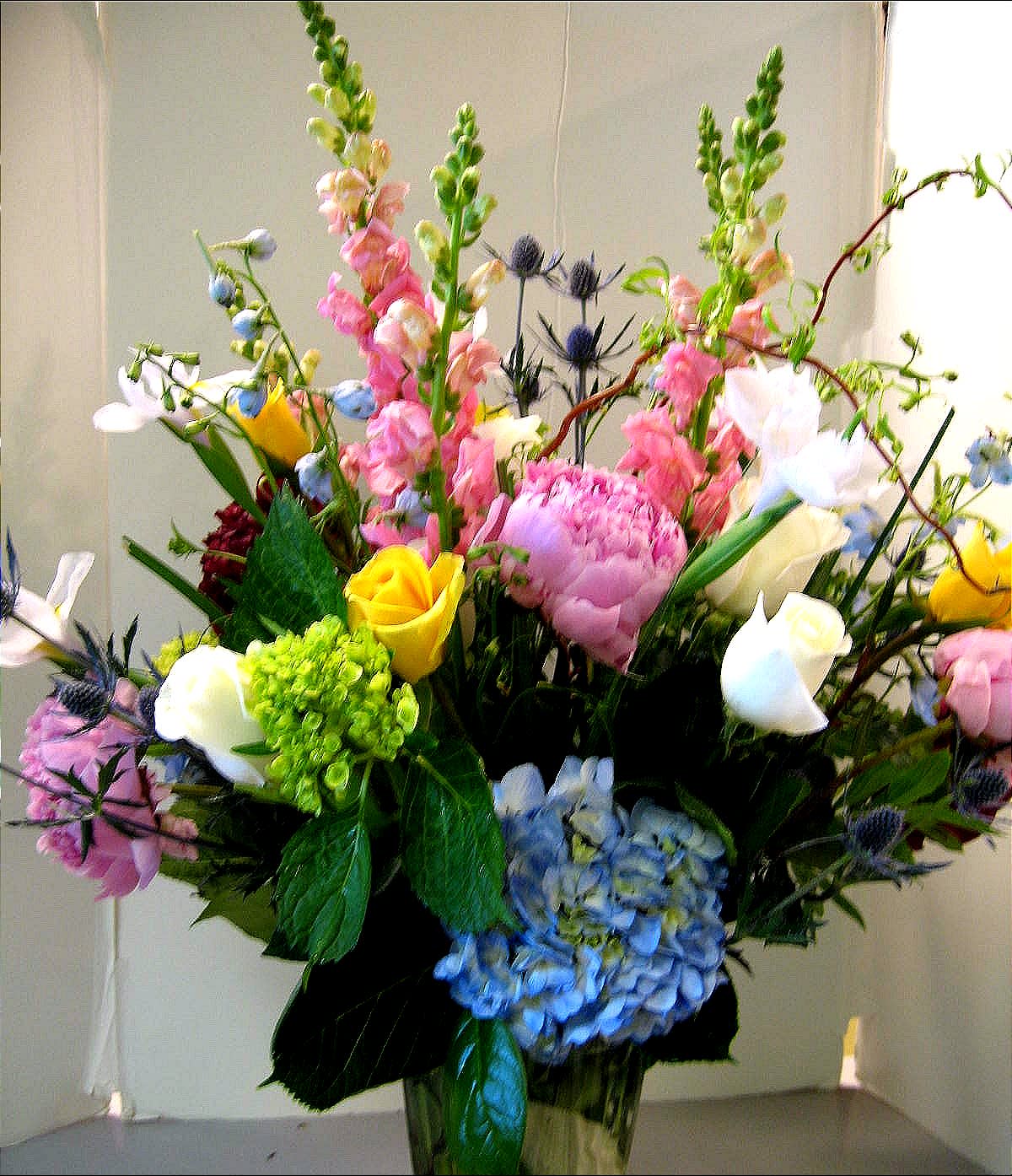 BEAUTIFUL SUMMER  LADY    - Peonies(Seasonal Flower) , Assorted Hydrangea, Assorted Roses, Iris, Thistle, Snapdragons, Delphinium 
