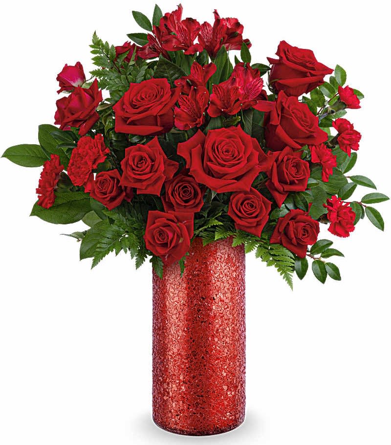 Teleflora's All My Rouge Bouquet - Teleflora's All My Rouge Bouquet includes red roses, red spray roses, red alstroemeria, red carnations, red miniature carnations, leatherleaf fern, and lemon leaf arranged in Teleflora's Boldly Beautiful Vase. Orientation: All-Around  
