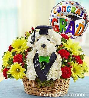 Best in Class - Congrrrr-atulate the new graduate with a truly original surprise. This signature a-DOG-able arrangement will unleash your gradâs smile, created from colorful carnations and daisies. Ready to fetch a diploma in his cap and sash, this canine classmate leaves no doubt whoâs at the head of the class.