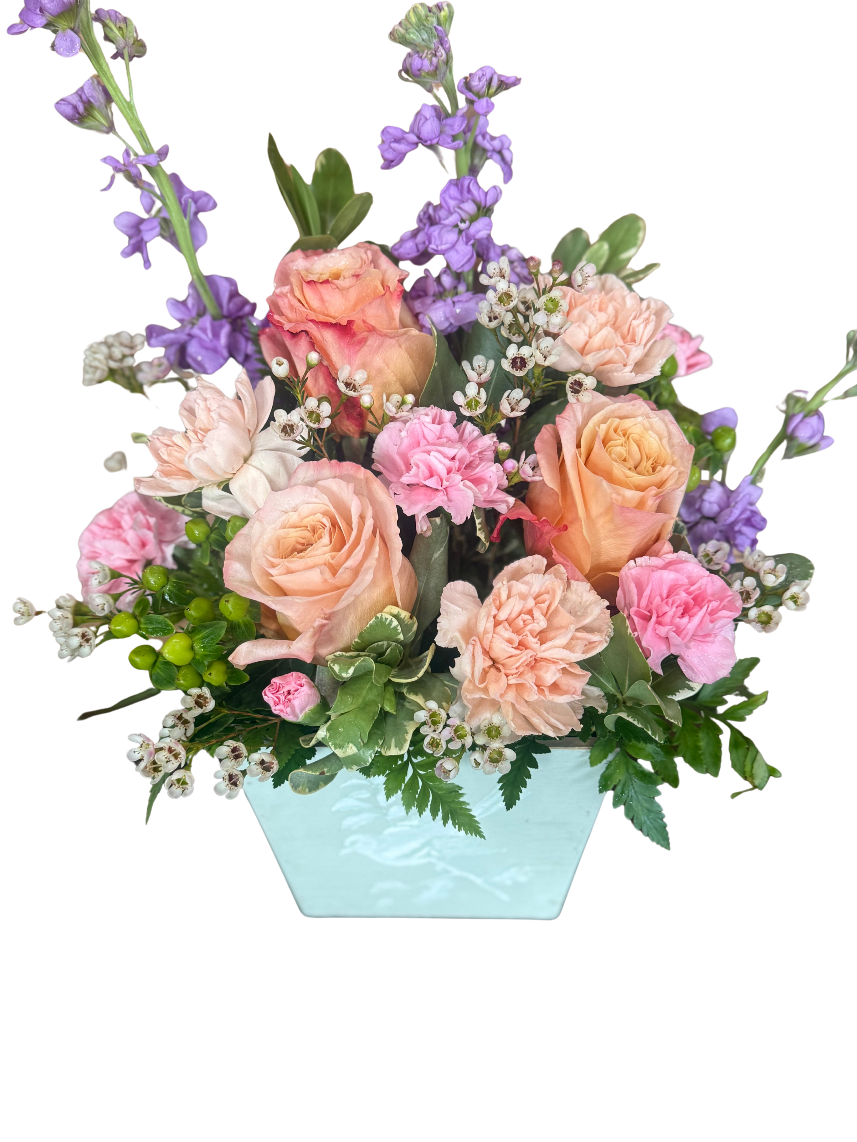 Pastel Sunset  - A delicate masterpiece designed to bring tranquility and joy to any space. This enchanting floral display features a soft symphony of colors in soothing shades of peach, blush pink, and lavender, perfectly capturing the gentle essence of a spring garden.