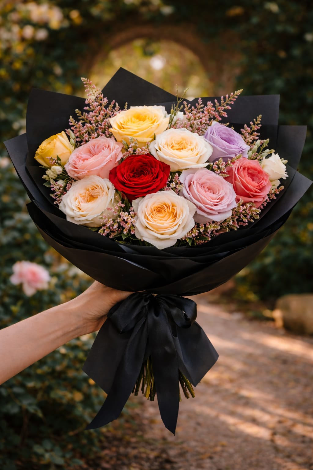 Assorted Garden Rose Bouquet  - A breathtaking bouquet of a dozen garden roses, thoughtfully arranged to showcase their lush, fragrant petals and natural elegance. Each bouquet is a unique blend of seasonal varieties and colors, selected based on availability to ensure the freshest and most beautiful blooms. No two are alike—just like nature intended.  Please note: The assortment will vary depending on seasonal availability, making each bouquet a one-of-a-kind creation!