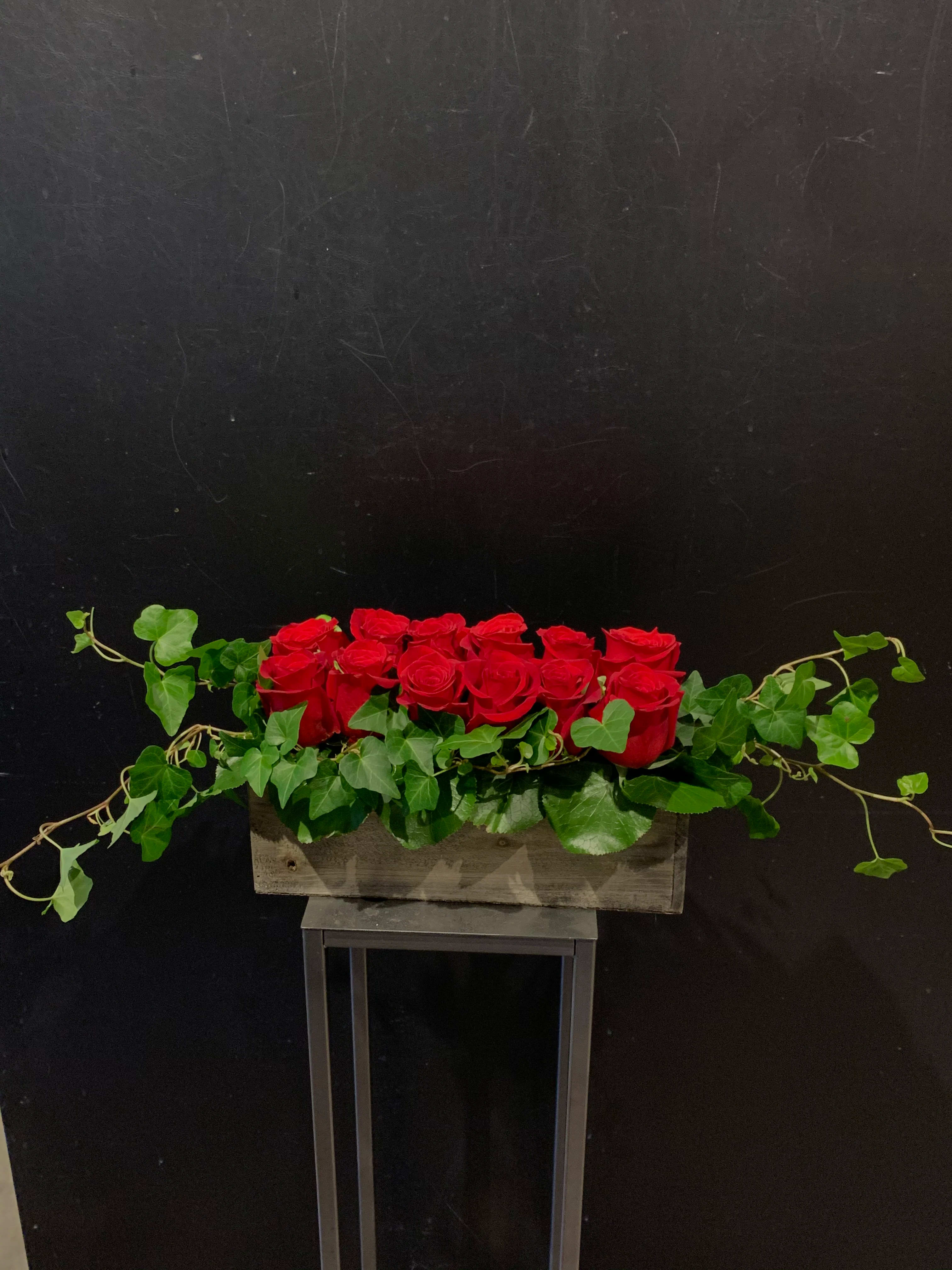 Rose Thicket - A dozen roses sitting pretty in two rows.. a hedge"rose" thicket.  Clean lines, gorgeous roses and a classic wooden box make this an excellent choice for any loved one in your life. Approximately 14" wide, 6.5" tall and 5" wide. 