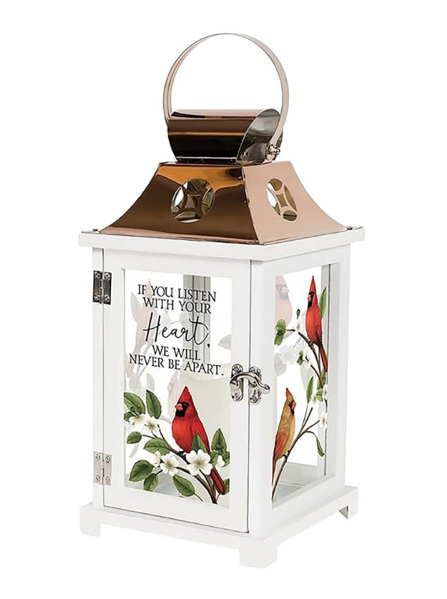 Memorial Lantern - Cardinals - Beautiful memorial lantern with hand painted look of cardinals.. as well as the "If you listen with your Heart, we will never be apart." Made of wood, glass and reflective coppered metal. "13.5x6.25 This lantern includes a flickering battery operated candle.  It will be hand delivered turned on and with your sentiment on a printed card.