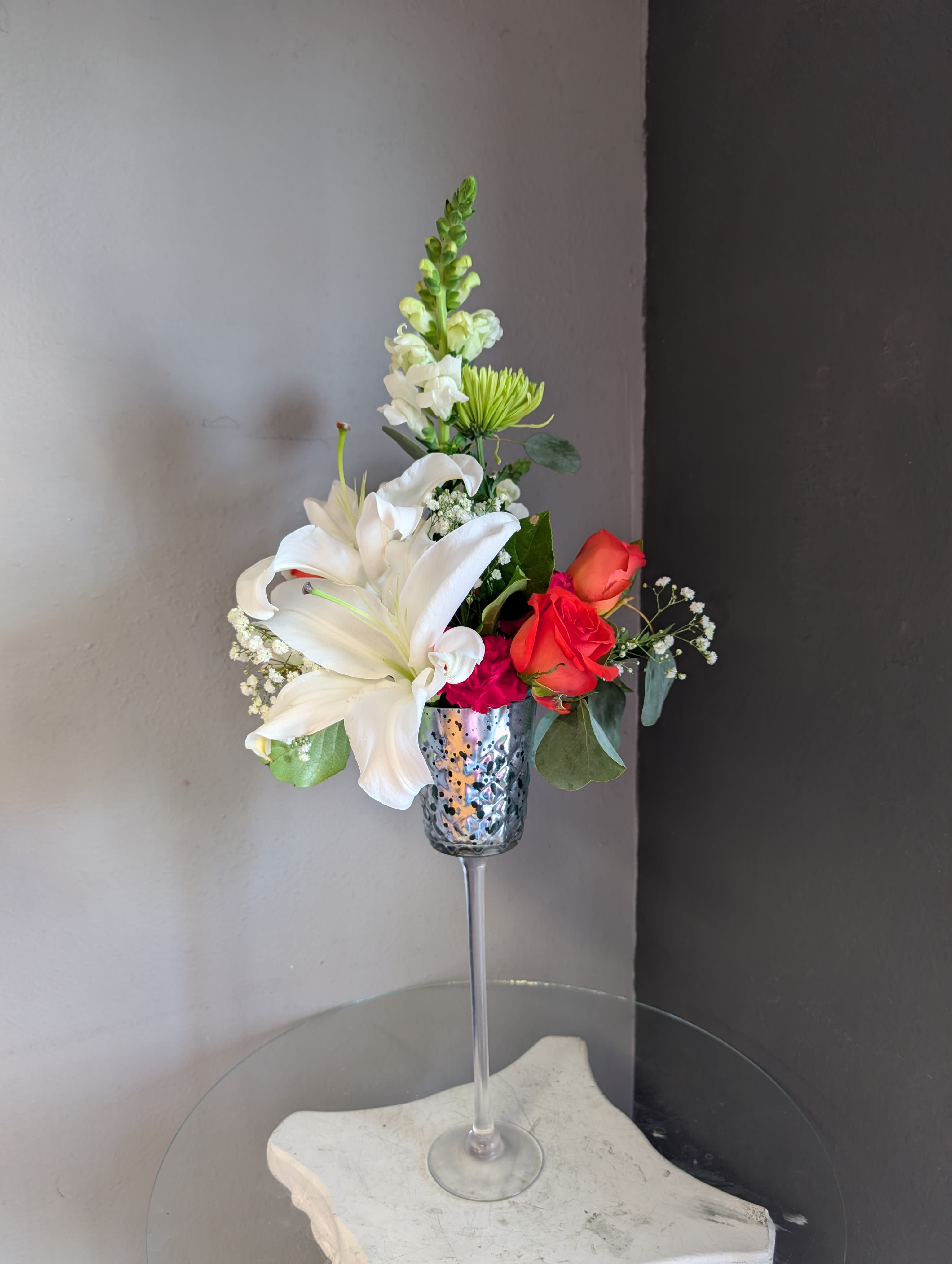 #111 Winter Floral Arrangement - A beautiful floral arrangement with seasonal fresh flowers in a vase. 