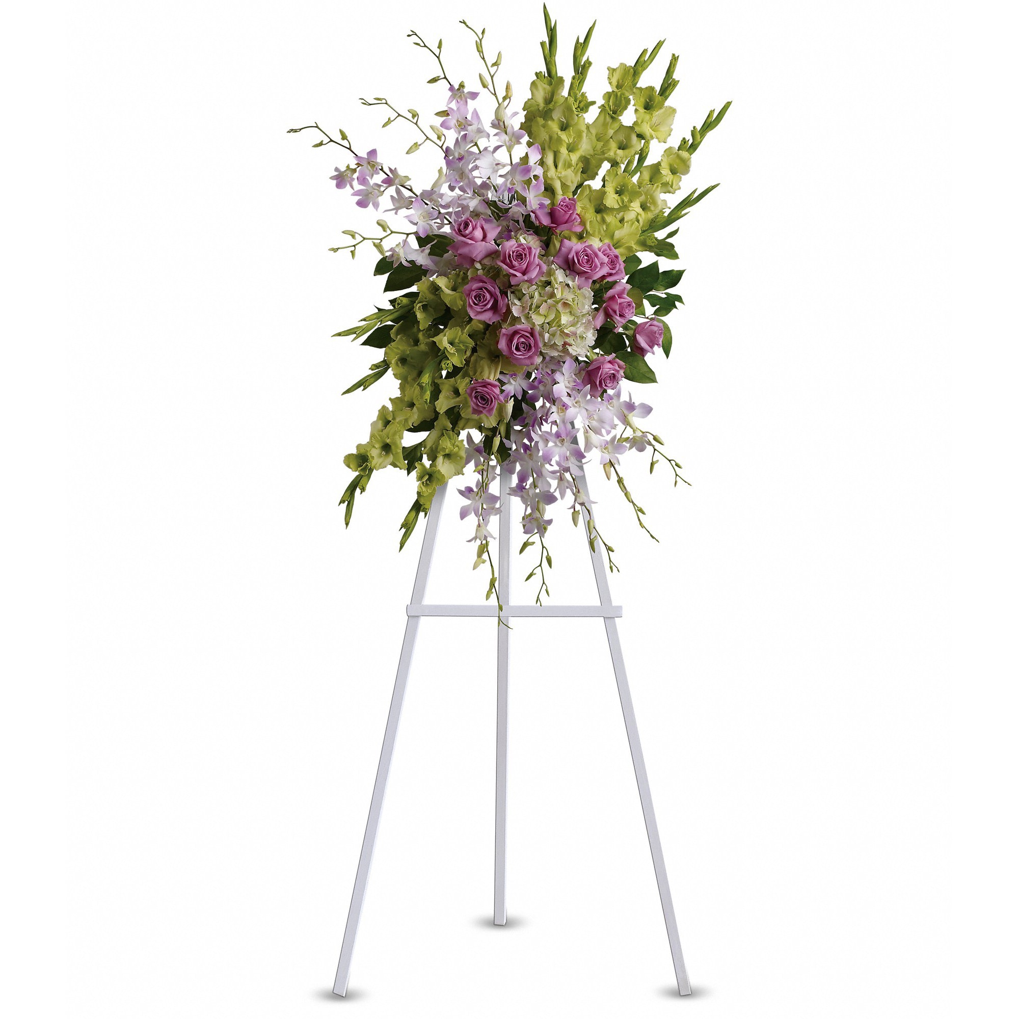 Heavenly Sentiments Spray by Teleflora - Fresh roses and opulent blooms such as orchids and gladioli - in celestial colors of green, purple and lavender - create a fine and appropriate floral standing spray. Send this gift as a representation of your thoughtfulness and devotion.  