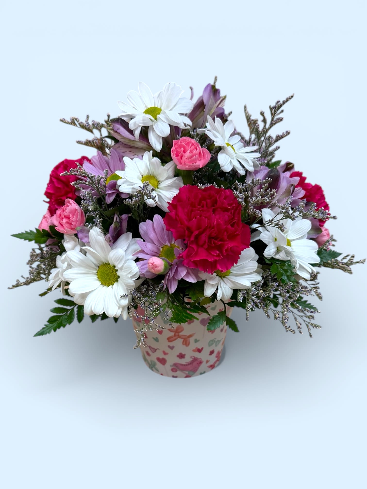 Best Actress - Our Best Actress arrangement shines with cheerful daisies, soft carnations, and elegant alstroemeria, all beautifully arranged in a cute patterned pot. Fresh, bright, and full of star-quality sweetness, this Hollywood-inspired design is a leading role favorite.