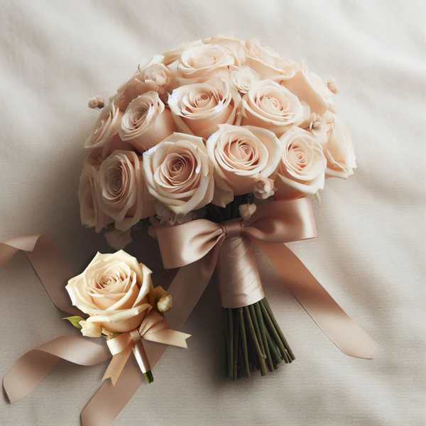 Champagne Rose Bridal Bouquet and Boutonniere Package - This bridal bouquet and boutonniere set is the epitome of understated elegance. The bouquet features a stunning arrangement of champagne-colored roses, each bloom hand-selected for its size, color, and freshness. The soft champagne hue of the roses exudes a warm, romantic charm, making it a perfect accessory for your special day. The boutonniere, designed to complement the bouquet, features a single champagne-colored rose. Its simplicity and elegance add a touch of sophistication to the groom’s attire, making it a perfect match for the bridal bouquet.   Floral Arrangement Disclaimer: This bridal bouquets includes one dozen (12) fresh roses, complemented by a selection of greens and fillers, providing exceptional value. Each boutonniere features one (1) fresh rose, accompanied by greens and fillers. All arrangements are adorned with ribbons or bows to enhance the overall aesthetic. Please note that the photos provided are for illustrative purposes only and do not reflect the final product. Variations in color, fullness, greenery, and flower availability may occur due to the nature of fresh flowers and seasonal availability. Our dedicated team of designers will ensure you receive fresh, high-quality flowers for your special day. In the event that substitutions need to be made, we will contact you to discuss the changes. We appreciate your understanding and look forward to creating beautiful floral arrangements for your event. 