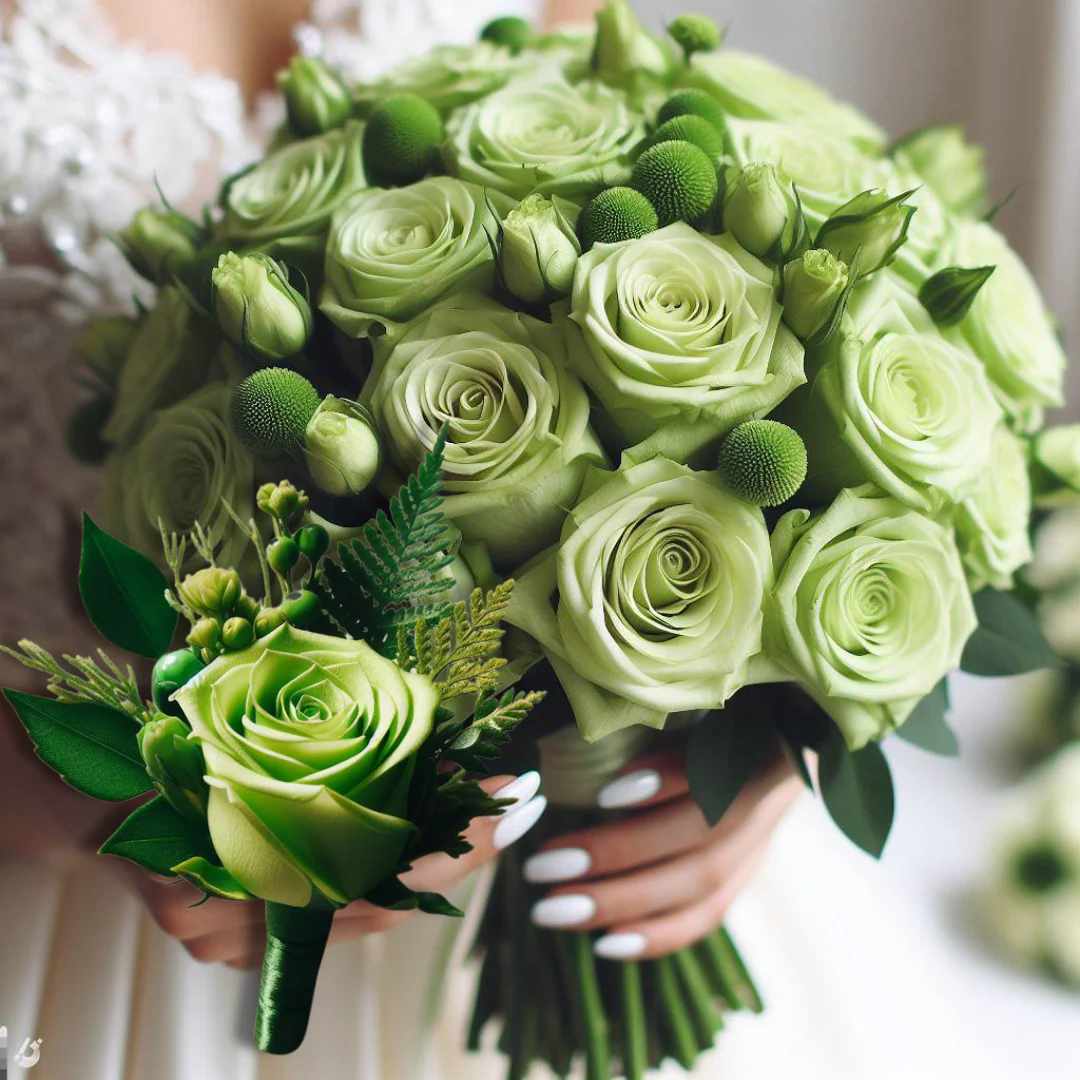 Vibrant Green Bridal Bouquet and Boutonniere Package - Experience the vibrancy of love with our Bright Lime Green Rose Bridal Bouquet and Boutonniere Package. This stunning set features a hand-tied bridal bouquet of fresh, bright lime green roses, carefully selected for their size, color, and bloom. THIS PRODUCT CONTAINS PAINT, STAINS, AND/OR DYES TO PRESERVE THE COLOR THEME PRESENTED HERE. FLOWERS MAY EMIT FUMES. THE COLORS DEPICTED HERE DO NOT OCCUR IN NATURE. ALL SALES ARE FINAL. PLEASE CONTACT US FOR QUESTIONS REGARDING THIS ARRANGEMENT.   Floral Arrangement Disclaimer: This bridal bouquets includes one dozen (12) fresh roses, complemented by a selection of greens and fillers, providing exceptional value. Each boutonniere features one (1) fresh rose, accompanied by greens and fillers. All arrangements are adorned with ribbons or bows to enhance the overall aesthetic. Please note that the photos provided are for illustrative purposes only and do not reflect the final product. Variations in color, fullness, greenery, and flower availability may occur due to the nature of fresh flowers and seasonal availability. Our dedicated team of designers will ensure you receive fresh, high-quality flowers for your special day. In the event that substitutions need to be made, we will contact you to discuss the changes. 