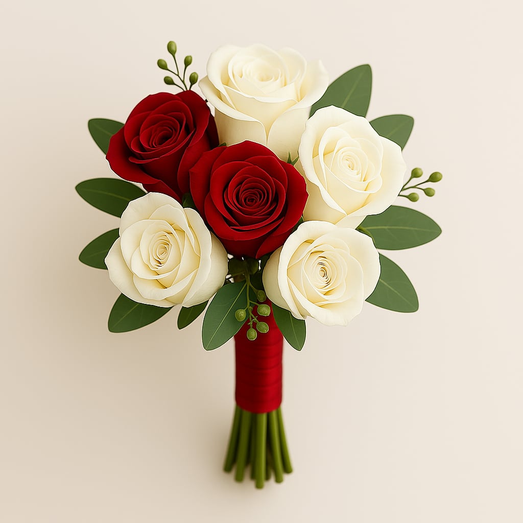 Classic Love Bridesmaid Set by Latin Lady Flowers - Celebrate love and elegance with this beautifully coordinated bridesmaid set, designed to complement the romance of your special day. Featuring a delicate bouquet of red and white roses accented with lush seeded eucalyptus, each arrangement is carefully crafted to exude sophistication and charm. Bound with a graceful red ribbon, the bouquet is a perfect match for the accompanying boutonniere, which mirrors the same timeless floral elements. Whether walking down the aisle or standing by your side, this set adds a touch of classic beauty to your wedding aesthetic. 