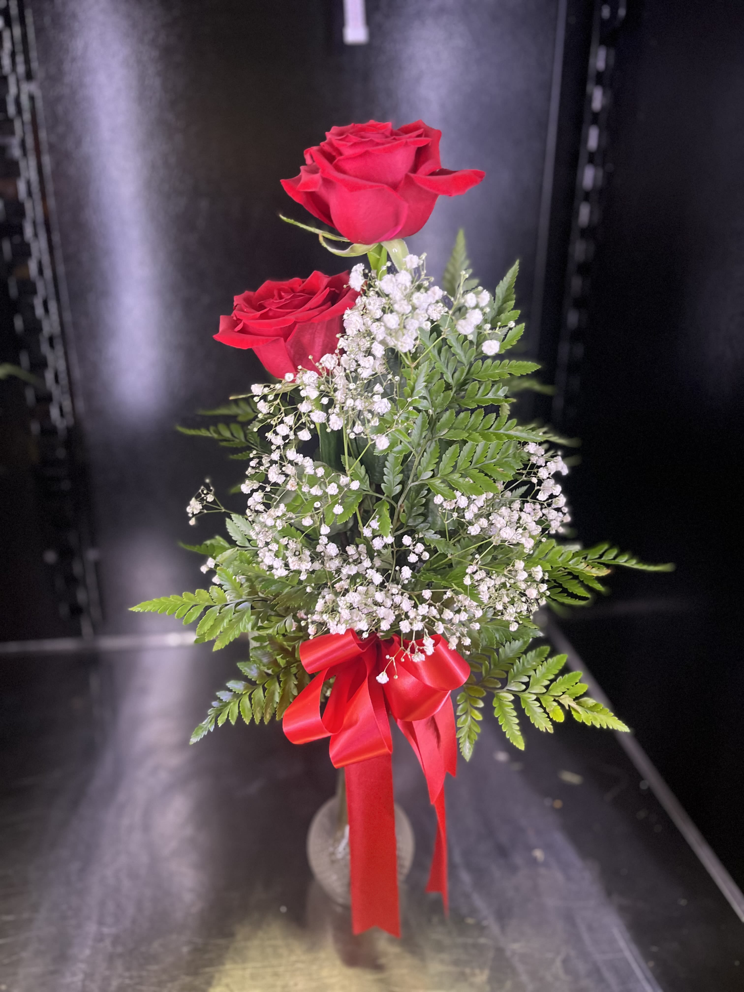 Two Red ROSE Vase  - two red roses in vase with greenery 