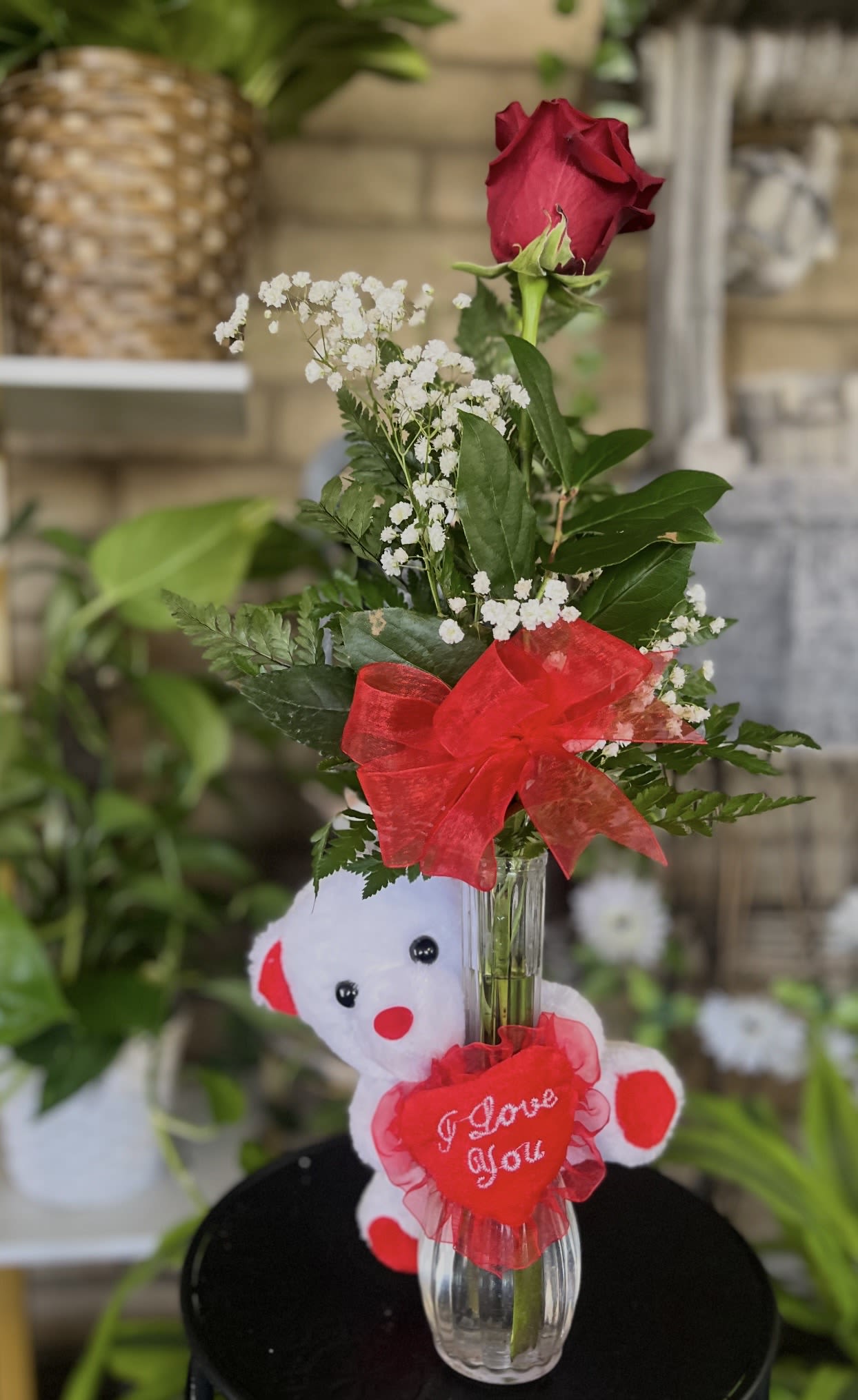 I love You Bud Vase - Fresh red rose with i love you bear 