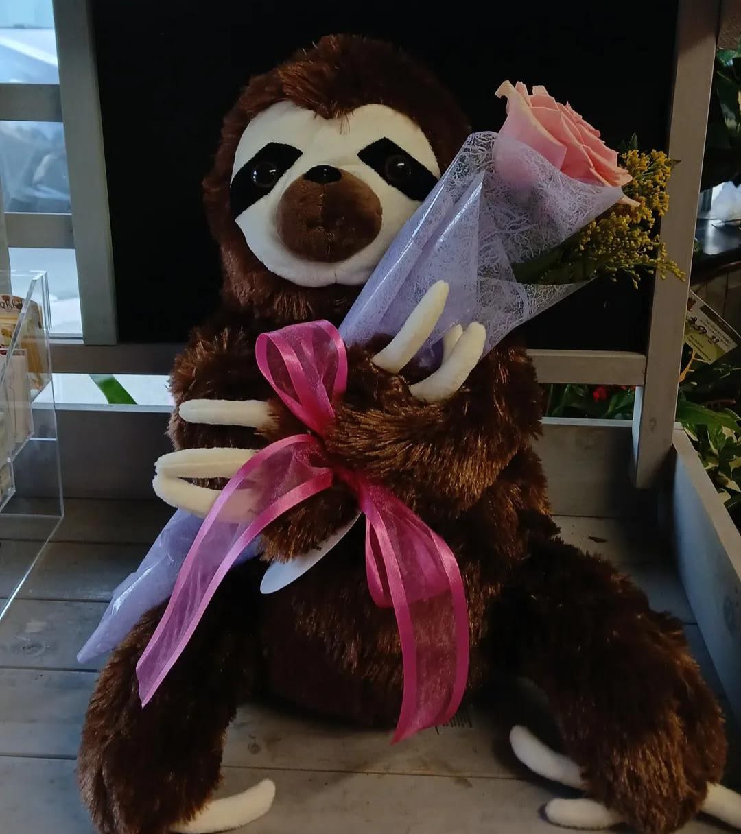 Sleeping Sloth Beauty - Super soft sloth plush with single stem pink rose