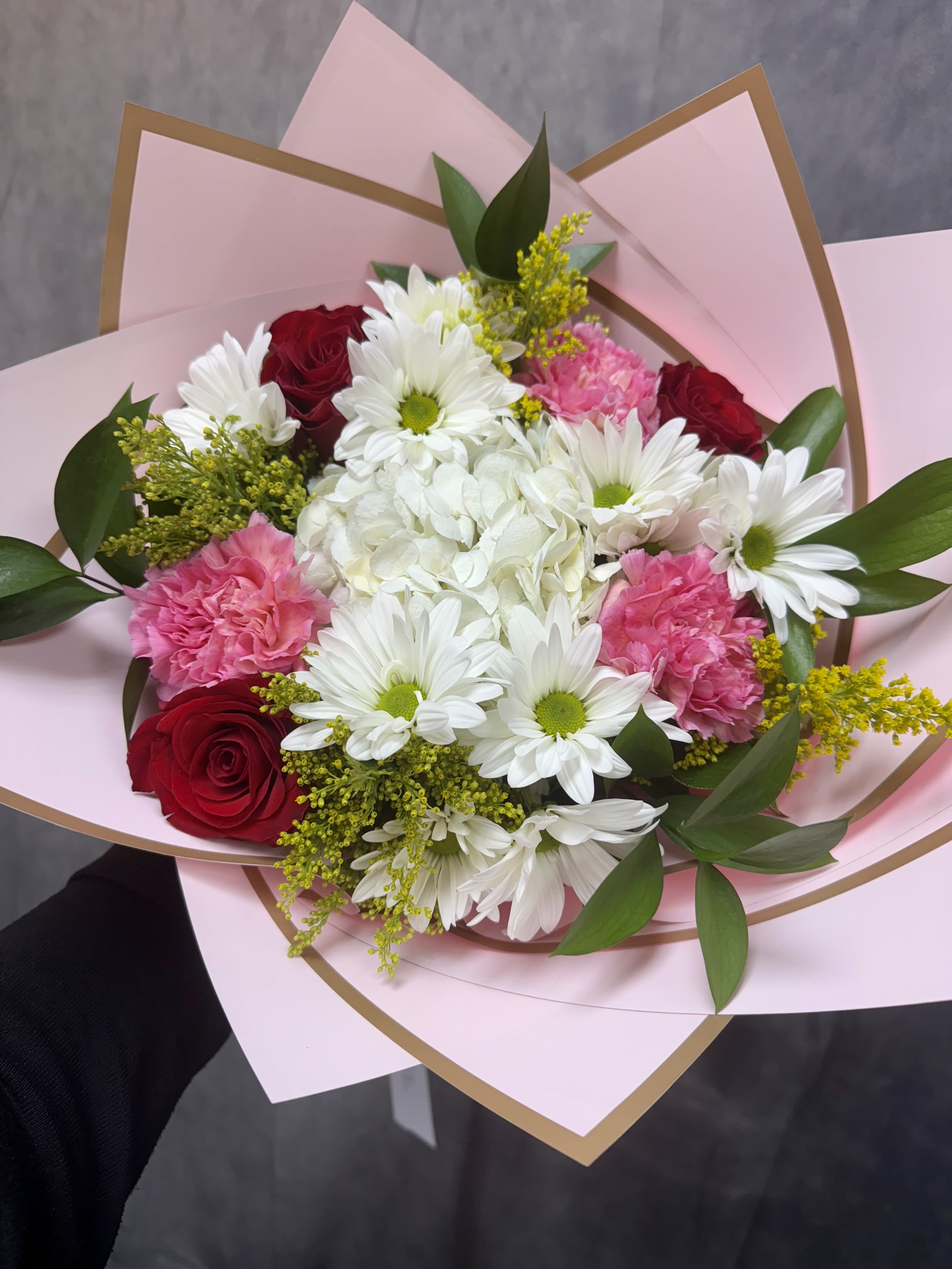 Aria Bouquet  - introducing Our New Design Aria hand tied bouquet, beautifully arranged with white hydrangeas, red roses, pink carnation, white daisies fillers and greenery