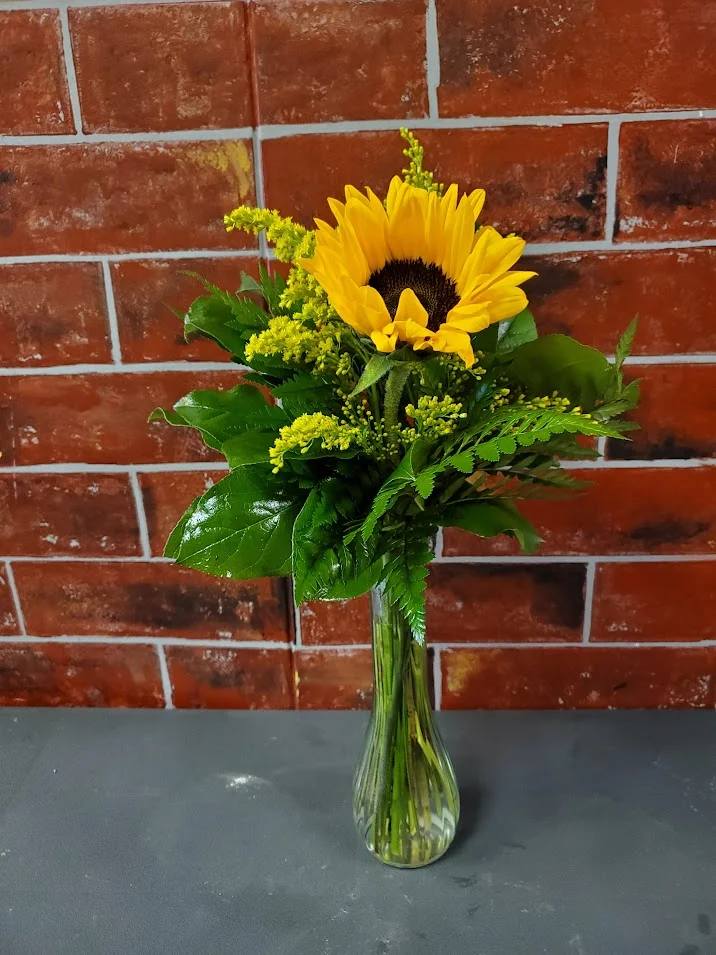 Single Sunflower - Enjoy a simple sweet sunflower with filler flower, greens in a bud or apothecary vase.  * Some stages of flower life may vary. (Example: Lilies may be more open than imaged.)  Flower shortages and product availability means that some substitutions will apply. Value will always be filled. This bouquet might include eucalyptus amongst the greenery. It may be toxic to pets including but not limited to Cats and Dogs if digested.