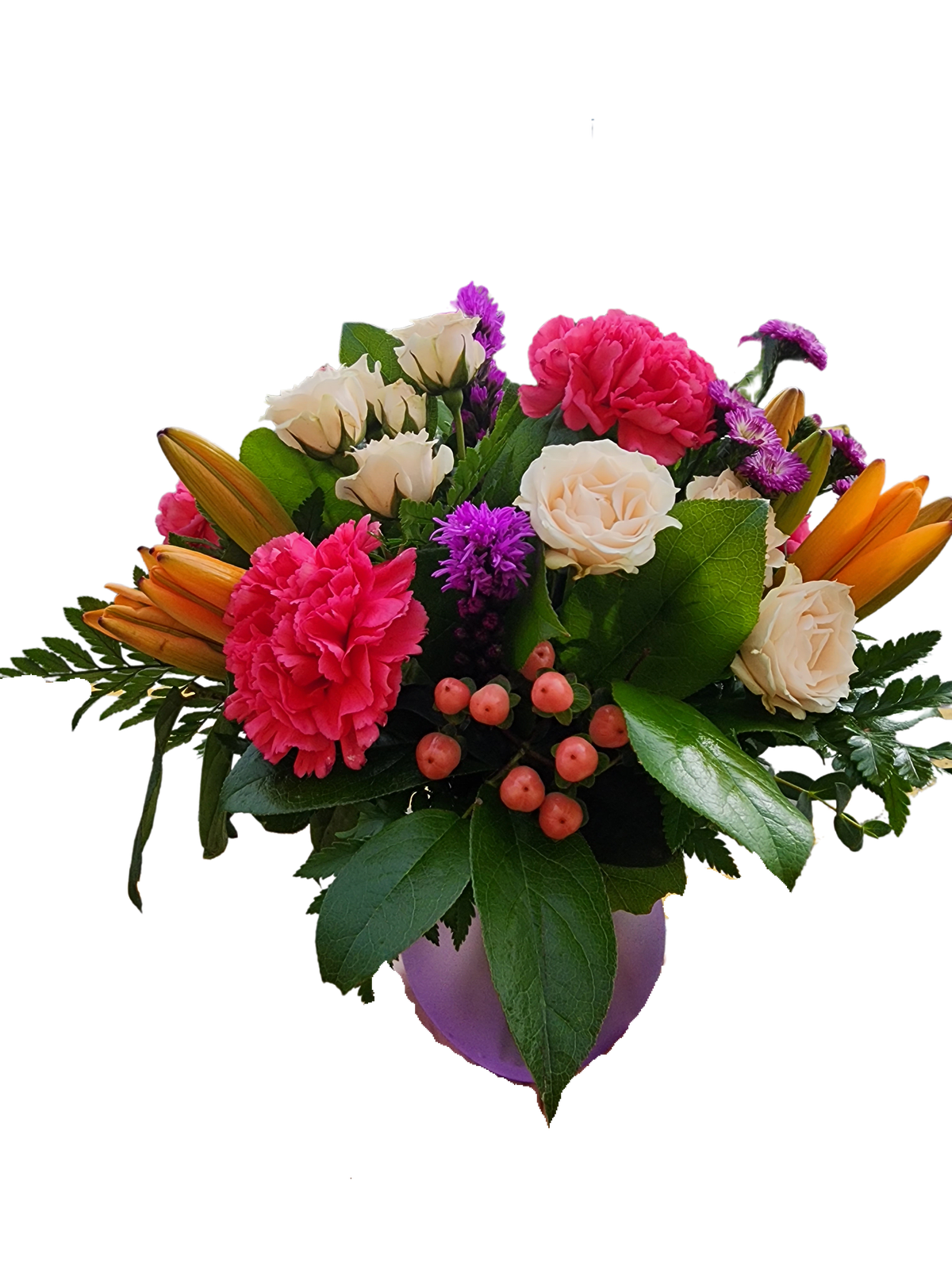 Pretty One - This bouquet is designed all around with lilies, carnations, spray roses, liatris, hypericum and poms.  *Some stages of flower life may vary. (Example: Lilies may be more open than imaged.)  Flower shortages and product availability means that some substitutions will apply. Value will always be filled. This bouquet might include eucalyptus amongst the greenery. It may be toxic to pets including but not limited to Cats and Dogs if digested.