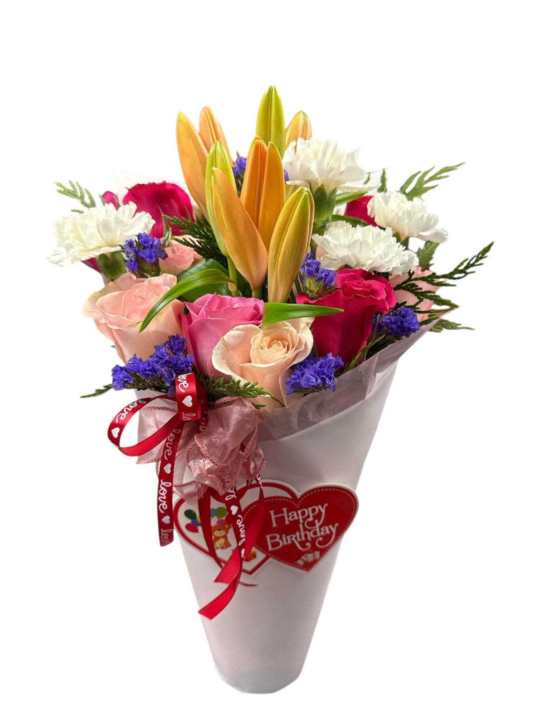 Colorful Bouquet 153 - Photos show the overall style and theme of each arrangement. Some flowers or vases may vary due to seasonality, weather, or availability. If substitutions are necessary, we will maintain the design’s style, color palette, and value.  Please note any important design preferences in the florist instructions at checkout or contact us to confirm availability.  Flower Care &amp; Guarantee  We guarantee flower freshness for 24 hours after leaving our shop.  Care Tips:  Cut flowers: Trim stems and change water every 2–3 days.  Foam arrangements: Add about 1 cup of water every couple of days.  After 24 hours, proper care is the customer’s responsibility.  Substitution Policy In some instances, our photo may represent an overall theme or look and include a one-of-a-kind vase which cannot be exactly replicated.  Although the actual bouquet may not precisely match the photo, its temperament will. Occasionally, substitutions of flowers and/or containers happen due to weather, seasonality and market conditions which may affect availability. If this is the case with the gift you’ve selected, we will ensure that the style, theme and color scheme of your arrangement is preserved and will only substitute items of equal value or higher value.  If any design elements are of major importance to your order, please include them in the florist instructions at checkout or contact us to ensure availability.