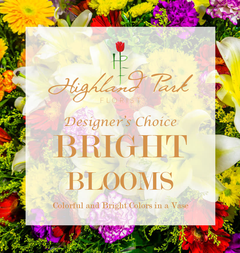 Designer's Choice Bright Blooms - Seasonal bright colored flowers with greens and fillers arranged in a vase.   *Please write in the special instructions, if you would prefer the Designer's Choice to be hand-tied into a bouquet (no vase) instead of in a vase.*