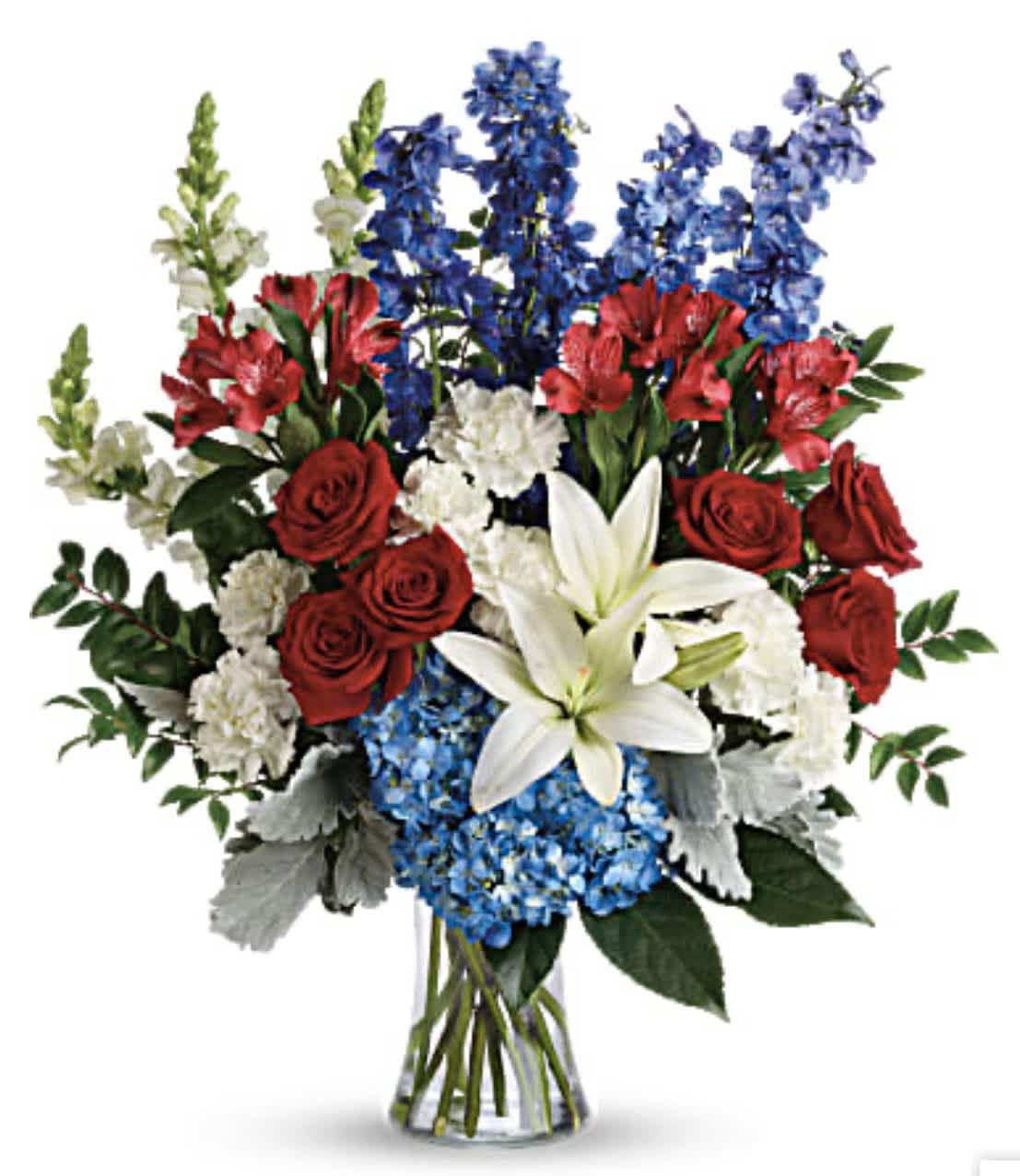 Colorful Tribute Bouquet - A colorful tribute for someone special, this brilliant bouquet of red, white and blue blooms is both perfectly patriotic and gorgeous. This bouquet features blue hydrangea, red roses, white asiatic lilies, red alstroemeria, white carnations, blue delphinium, white snapdragons, huckleberry, dusty miller, aralia leaf and lemon leaf. Delivered in a gathering vase. Orientation: All-Around