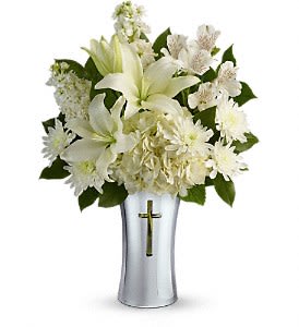 Shining Spirit Bouquet - Show your sympathy with style and grace. A shining silver finish and reverent cross cut-out makes this stunning ceramic vase the perfect accompaniment for a lush bouquet of pure white hydrangea, lilies, alstroemeria and stock.