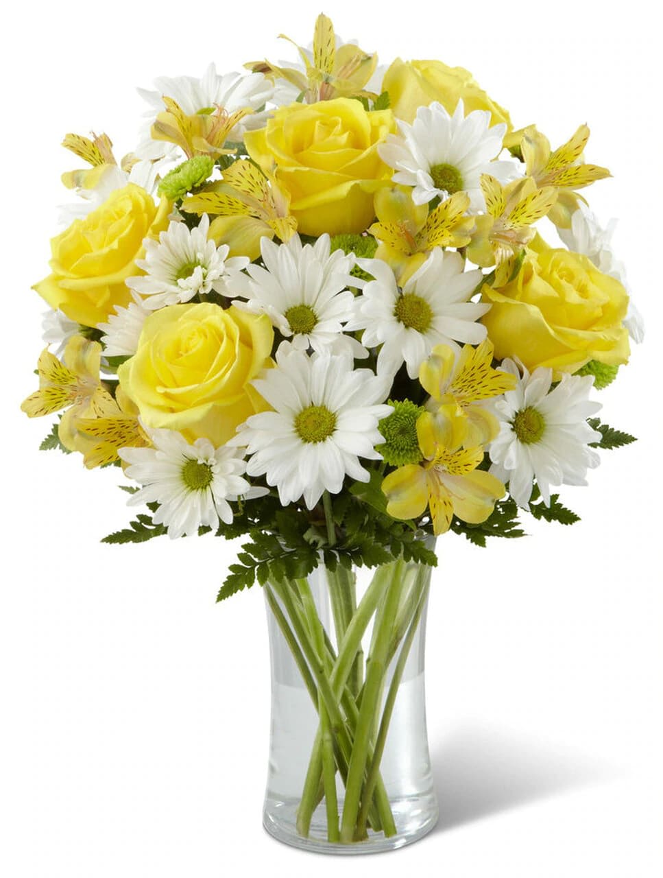Sunny Sentiments Bouquet - Sunny Sentiments Bouquet is a blooming expression of charming cheer. Brilliant yellow roses and Peruvian Lilies are paired with white traditional daisies and green button poms to create a memorable bouquet. 
