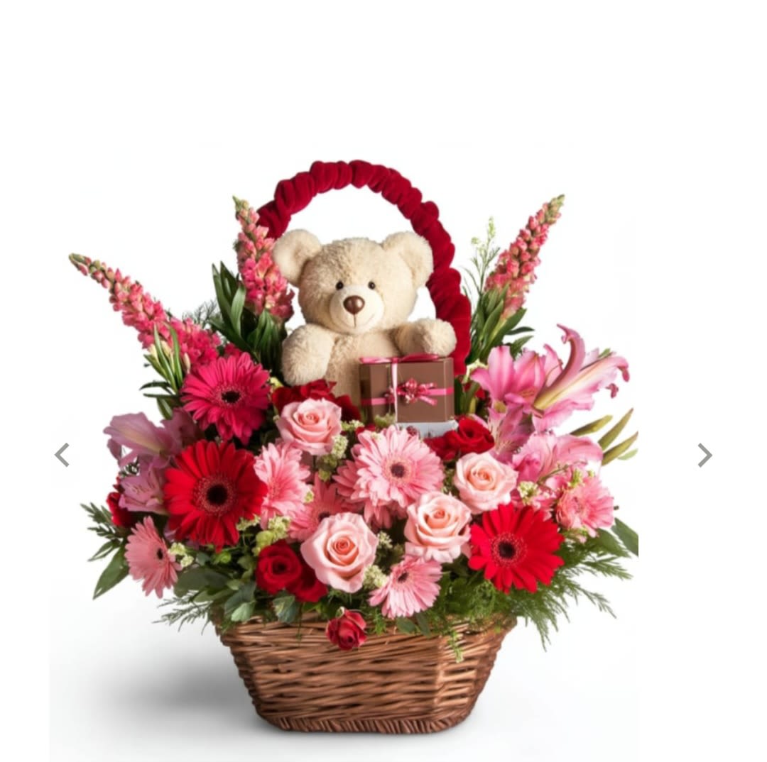 KASANDRA - A beautiful basket with a select combination of roses, carnations in different colors and foliage, accompanied by a beautiful teddy bear, ideal for any occasion.