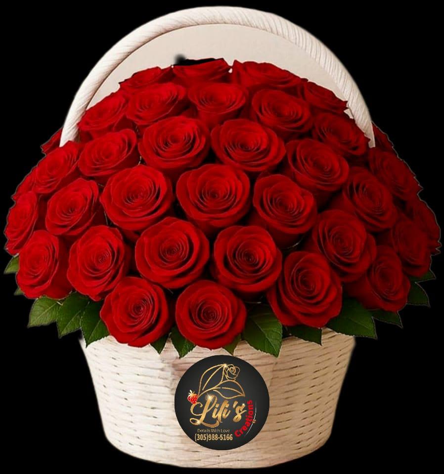 MARSH - A beautiful basket filled with red roses and tied with a lovely ribbon. Ready to melt the heart of your loved one.