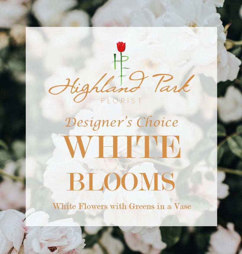 Designer's Choice White Blooms - Seasonal white flowers with greens and fillers arranged in a vase.   *Please write in the special instructions, if you would prefer the Designer's Choice to be hand-tied into a bouquet (no vase) instead of in a vase.*