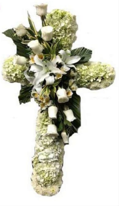 BEAUTY CROSS - Beautiful funeral cross in the color you want, composed with pompoms, roses and lilies