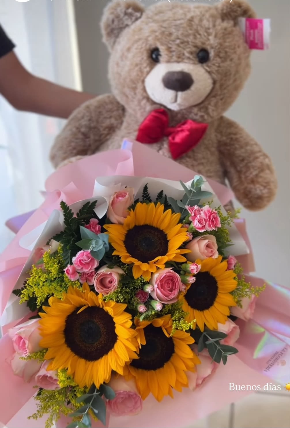 Mini vibrant buchon and bear - Beautiful mini bunch of sunflowers, mini carnations, and vibrant foliage accompanied by a cute stuffed bear.