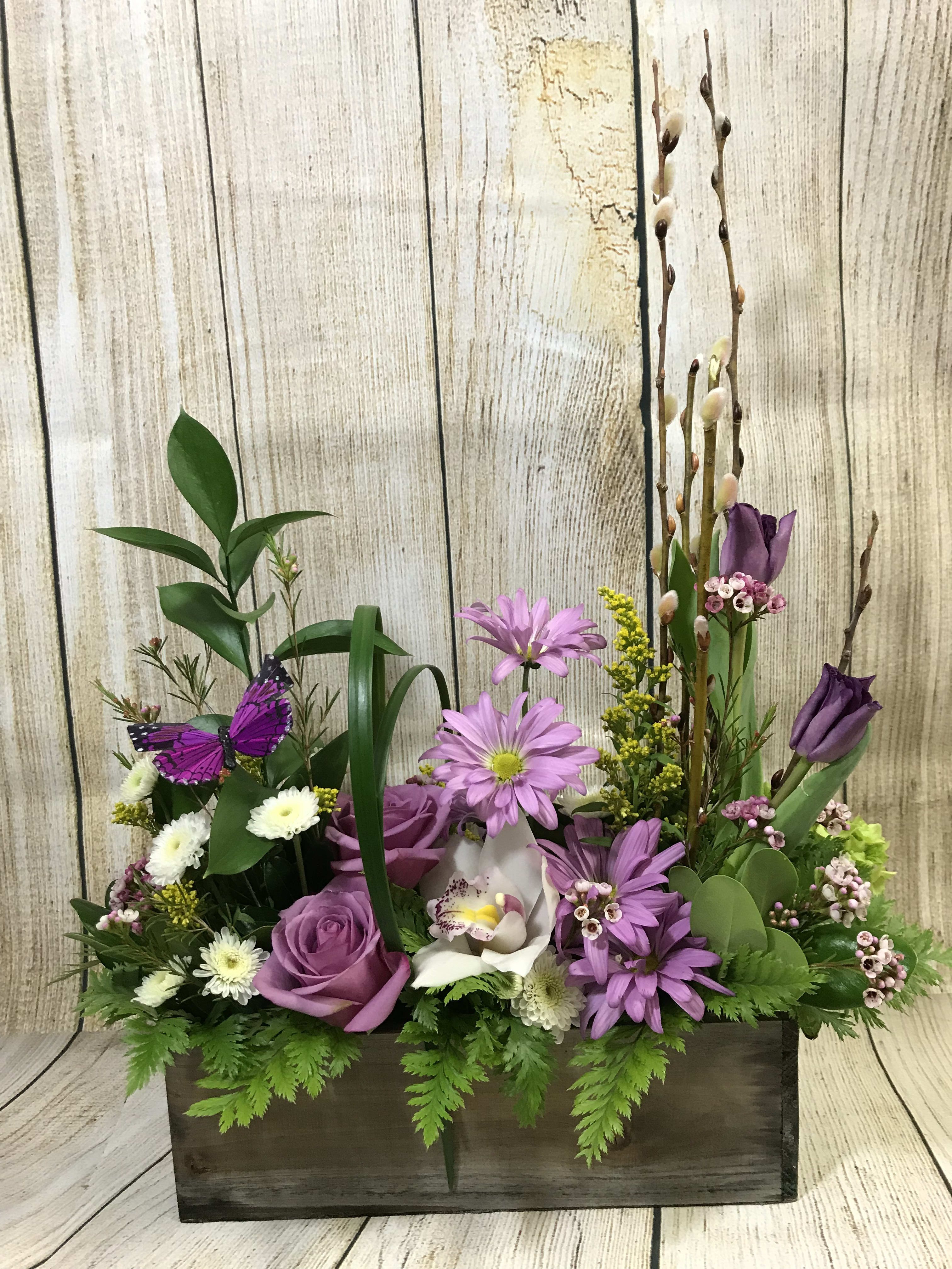 "TAYLOR" - Rustic charm and springtime blossoms.  Colors may vary but overall look and theme will be as pictured.  Lots of spring blooms to pick from to make each rustic wooden box unique.