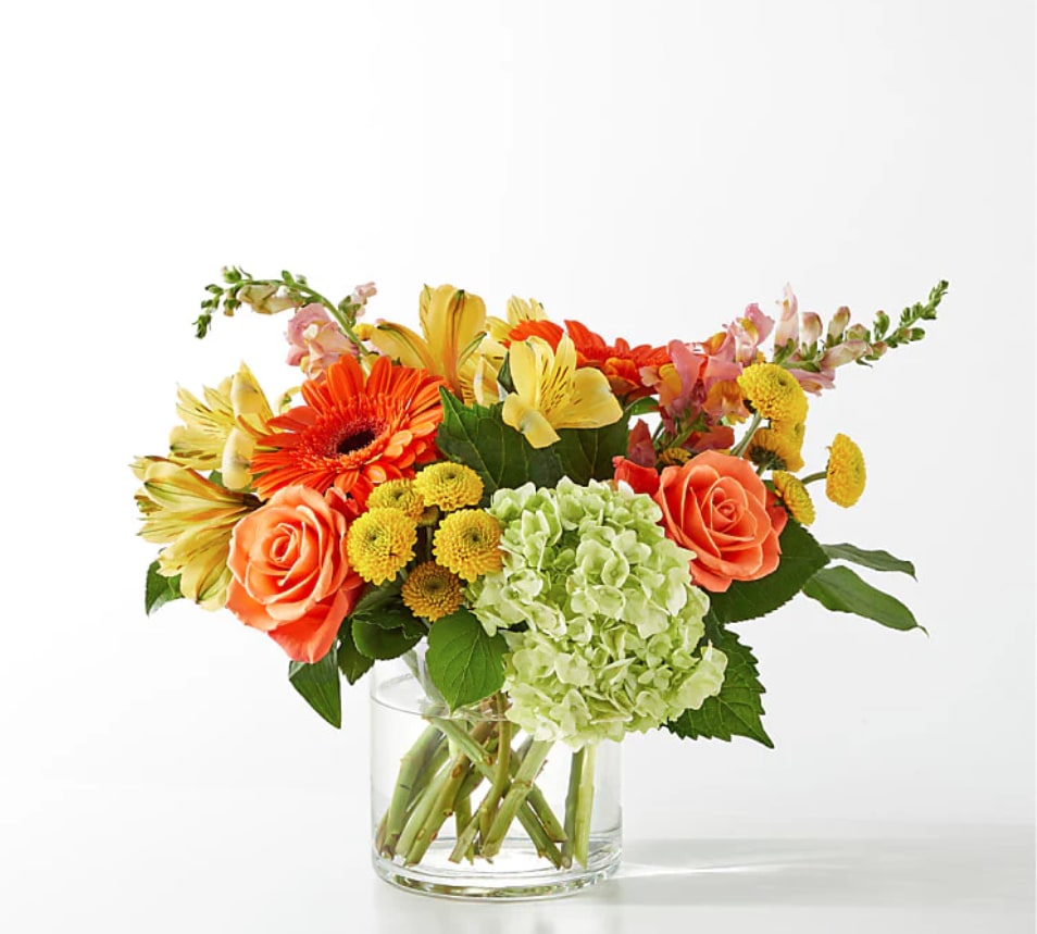 Citrus Sunrise - A collection of bright fall colors orange / yellow Roses with fall colored Gerber Daisies, alstro and greenery in a vase!